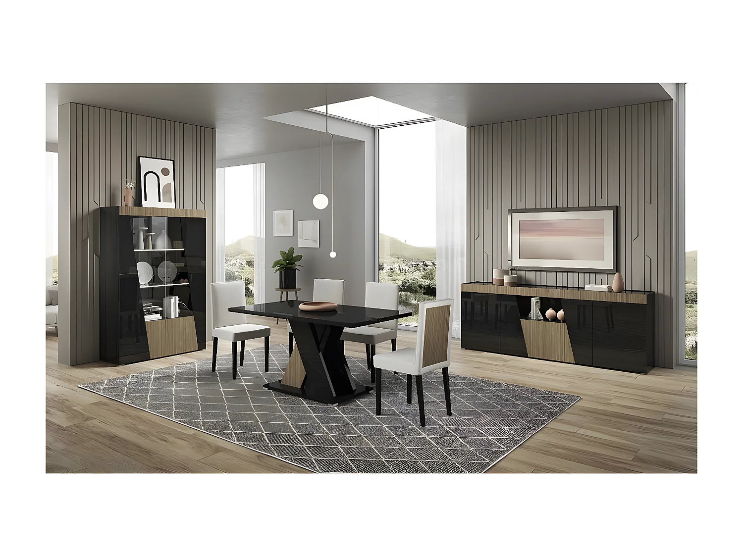 KADALA - Table 160x90cm Laquée Noir Décor Bois avec Pied Central en X