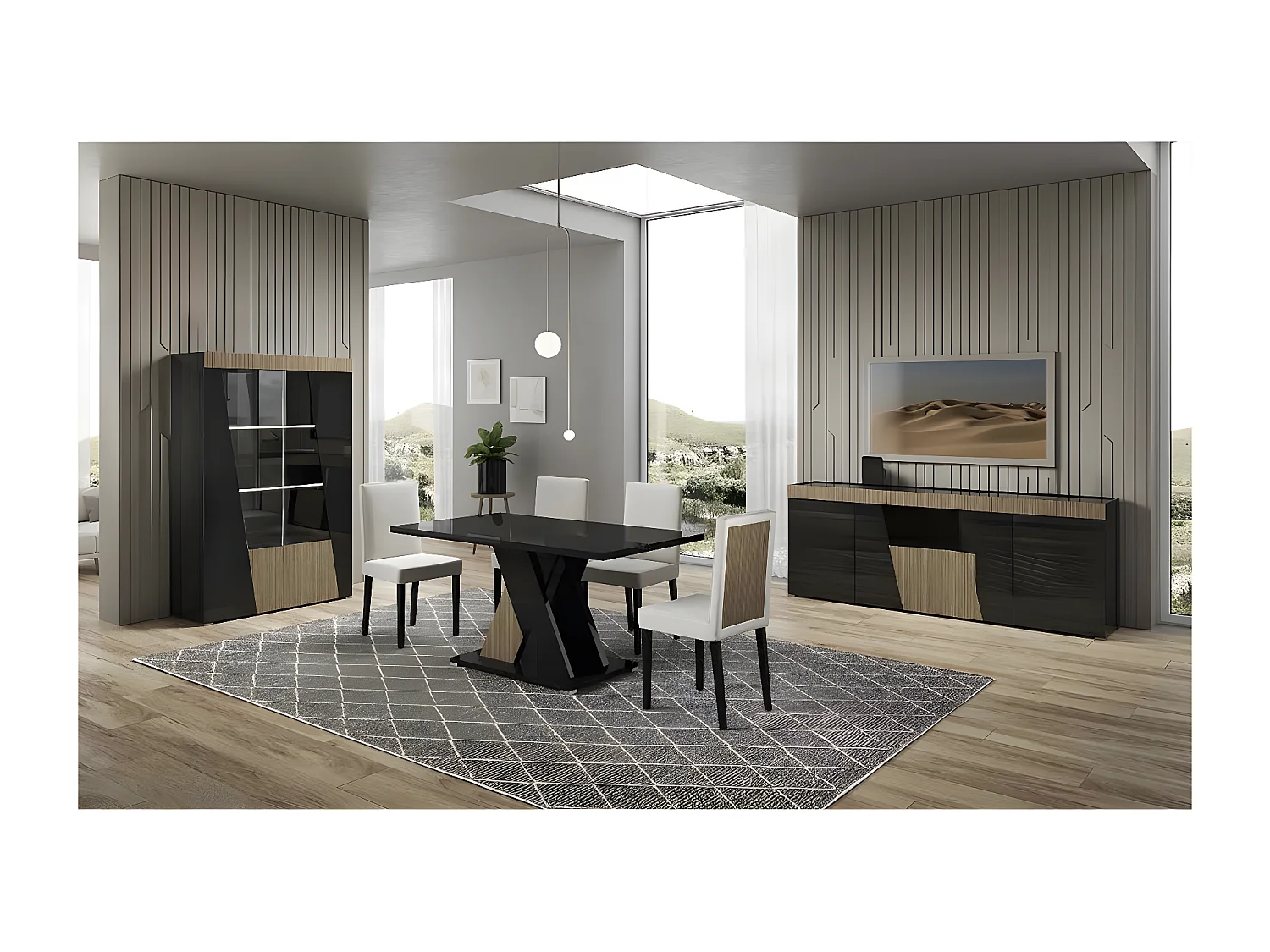 KADALA - Table 160x90cm Laquée Noir Décor Bois avec Pied Central en X