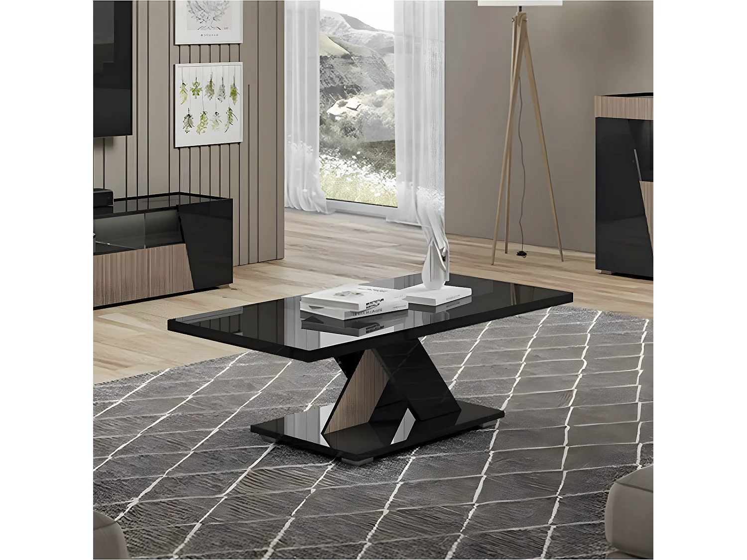 KADALA - Table Basse Laquée Noir Décor Bois avec Pied Central en X