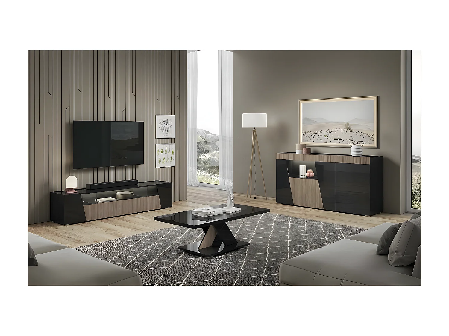 KADALA - Table Basse Laquée Noir Décor Bois avec Pied Central en X