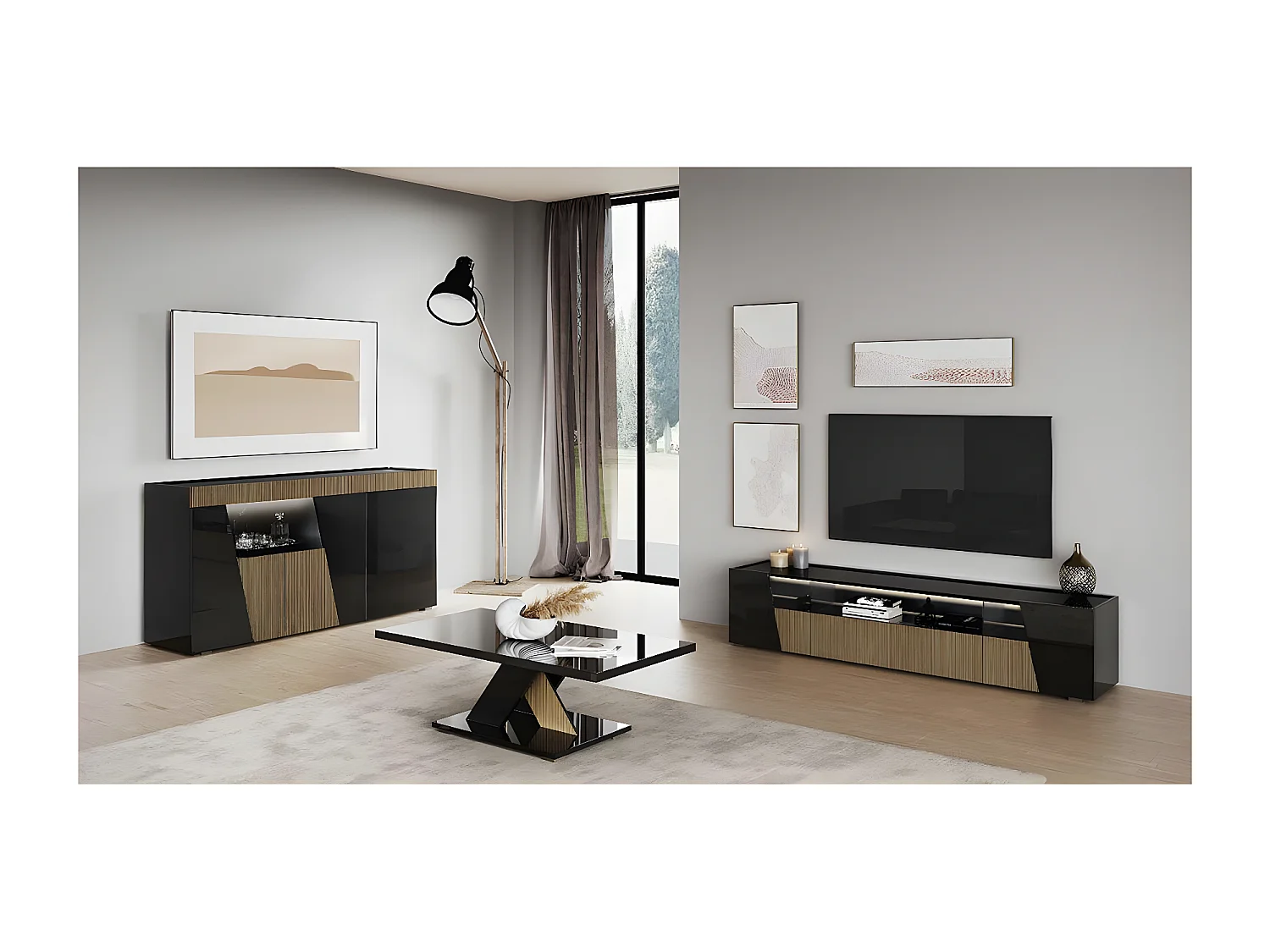 KADALA - Table Basse Laquée Noir Décor Bois avec Pied Central en X