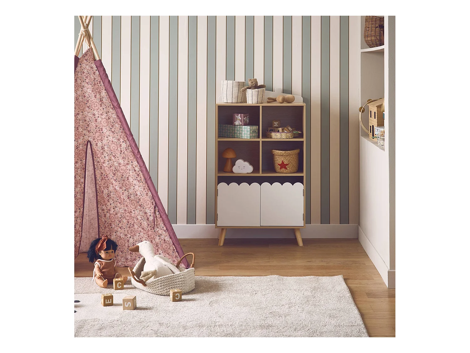 Biblioteca per bambini in legno di pino 2 porte e 4 scaffali, bianco