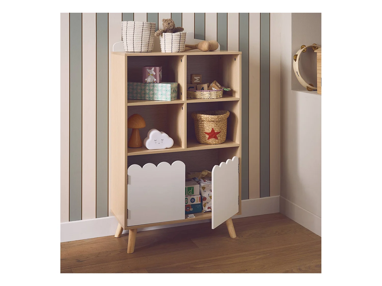 Biblioteca per bambini in legno di pino 2 porte e 4 scaffali, bianco