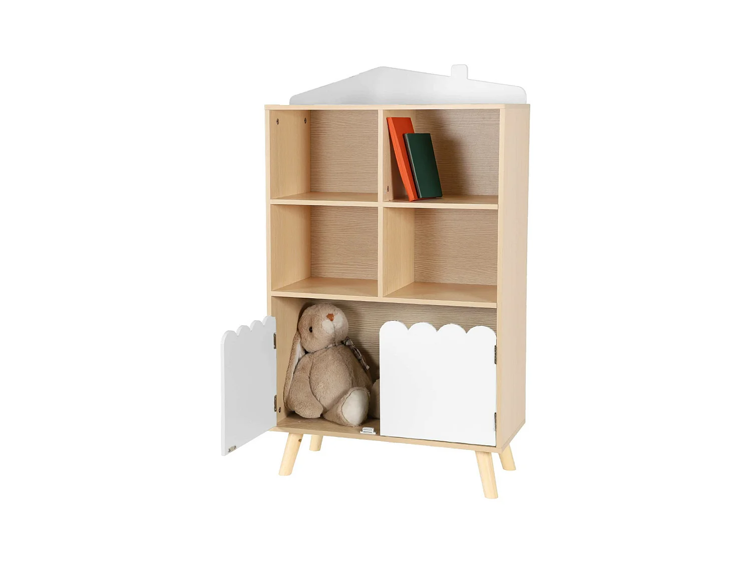 Biblioteca per bambini in legno di pino 2 porte e 4 scaffali, bianco
