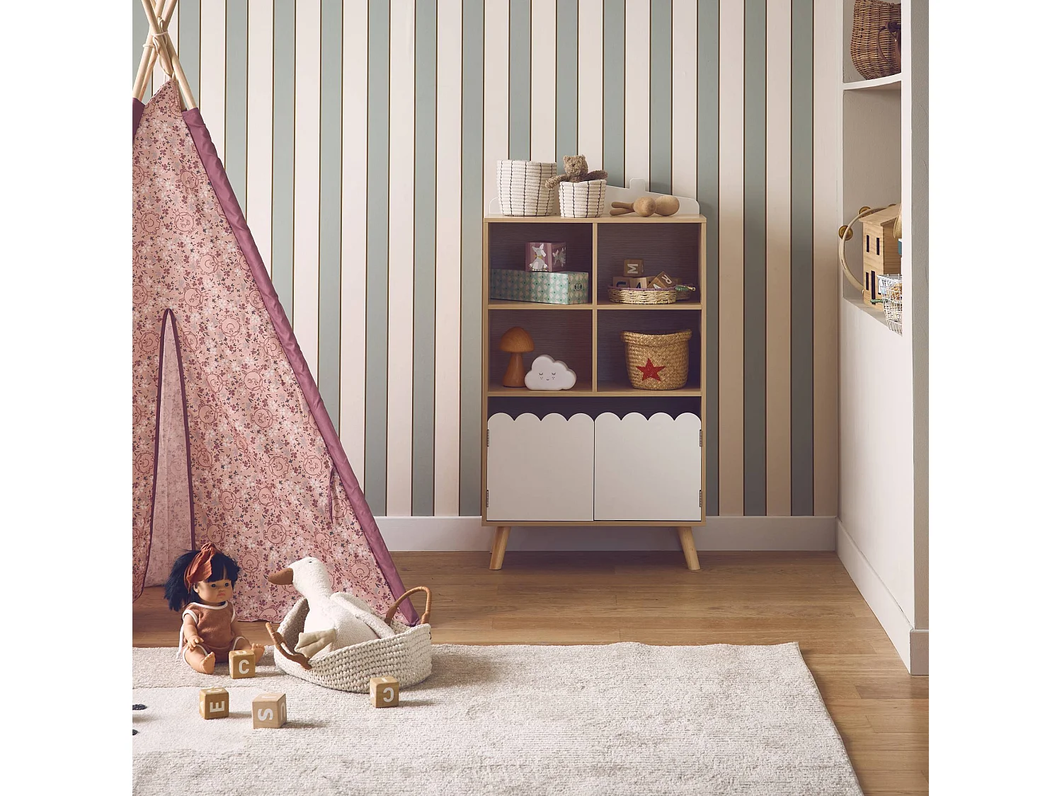 Biblioteca infantil madera de pino 2 puertas 4 estantes blanco