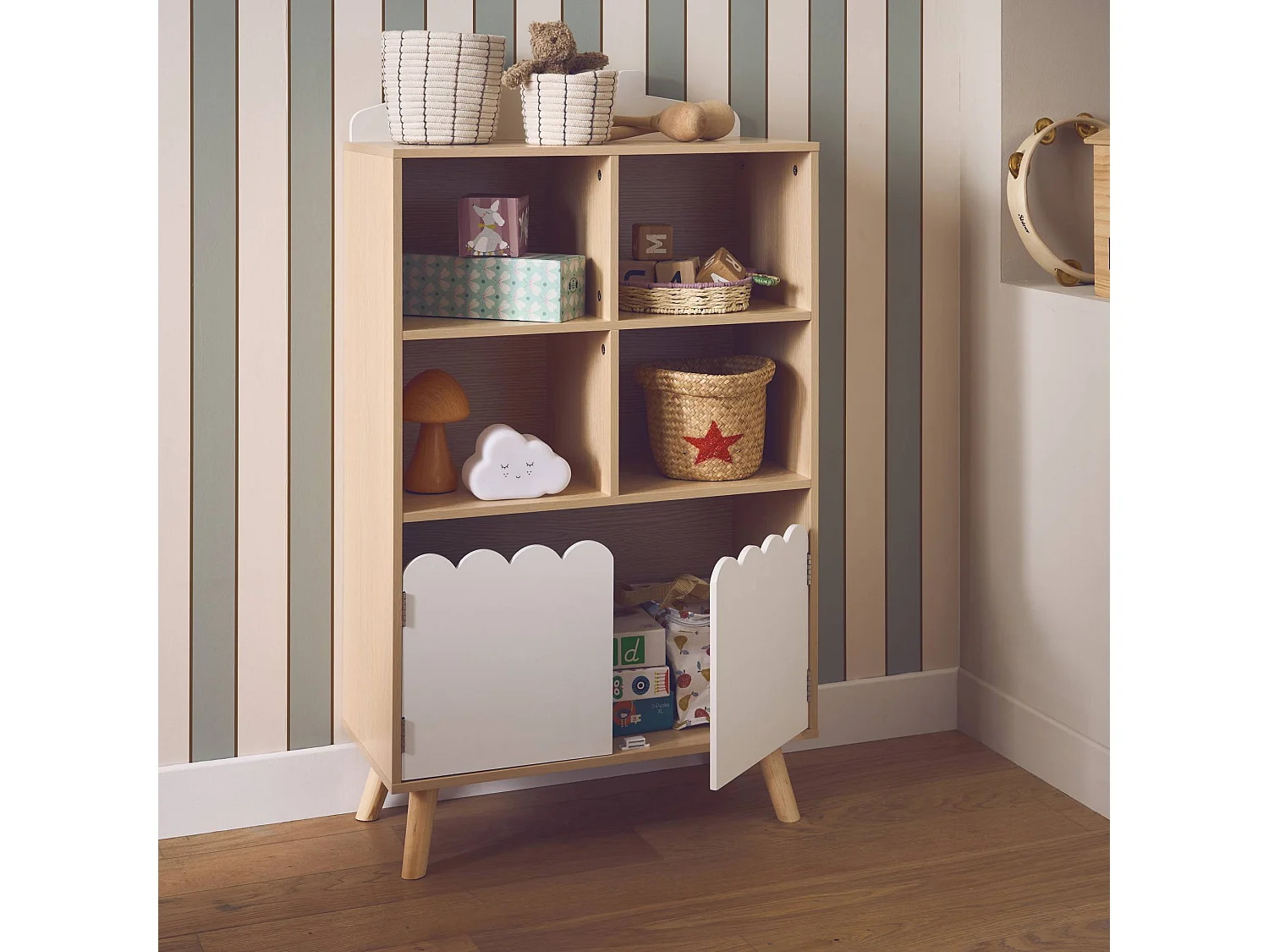 Biblioteca infantil madera de pino 2 puertas 4 estantes blanco