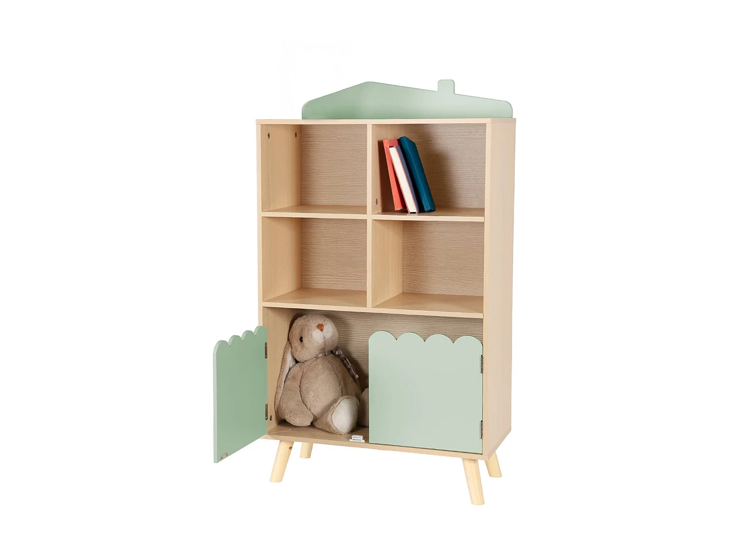 Bibliothèque enfant verte 2 portes et 4 étagères