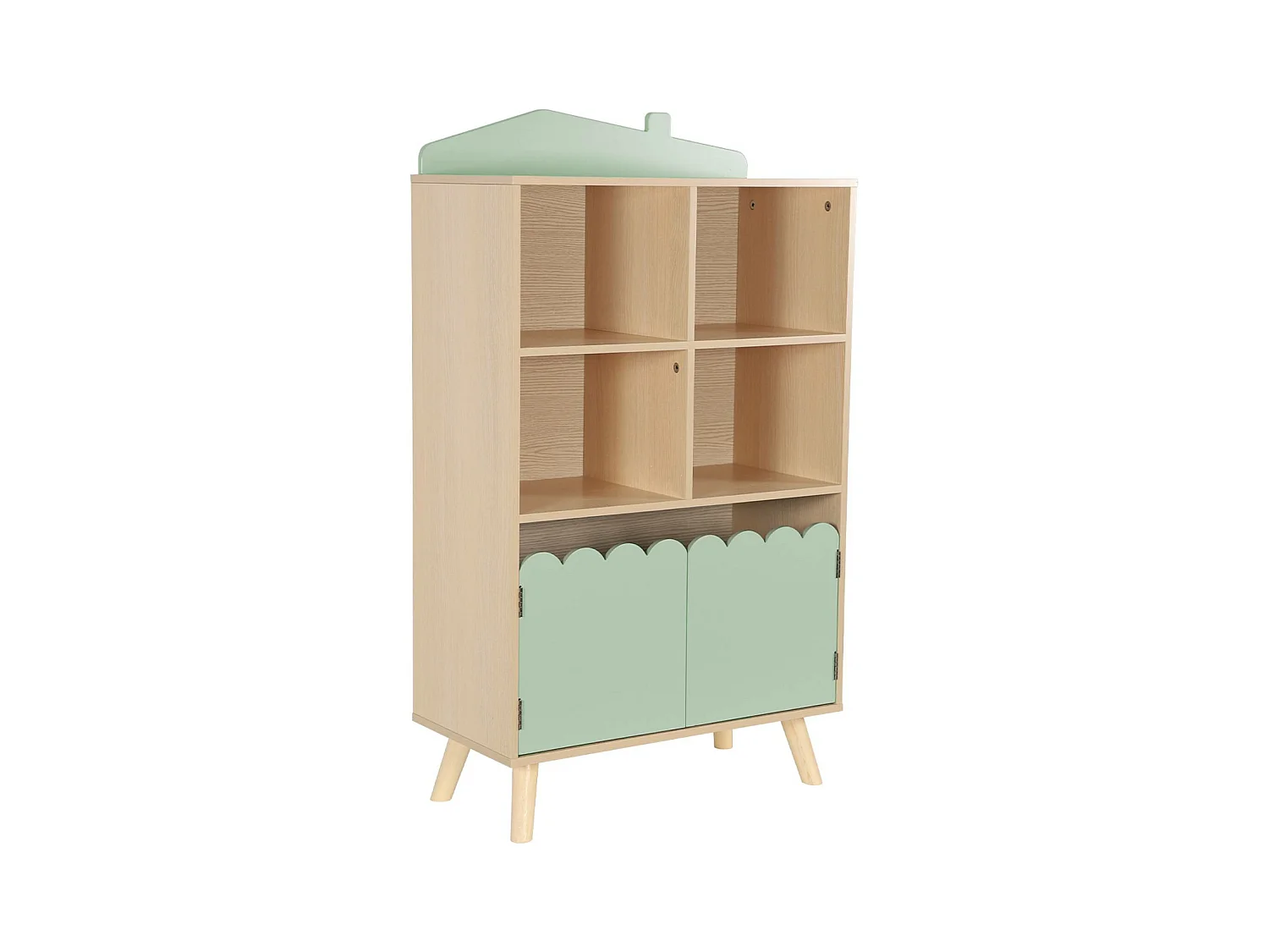 Biblioteca infantil madera de pino 2 puertas 4 estantes verde