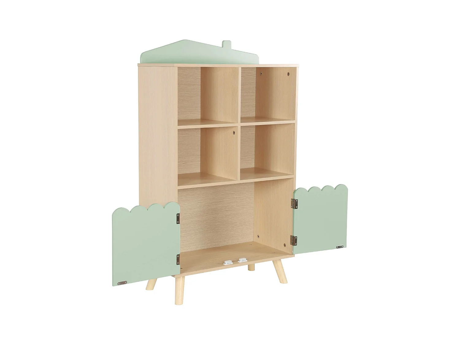 Biblioteca infantil madera de pino 2 puertas 4 estantes verde