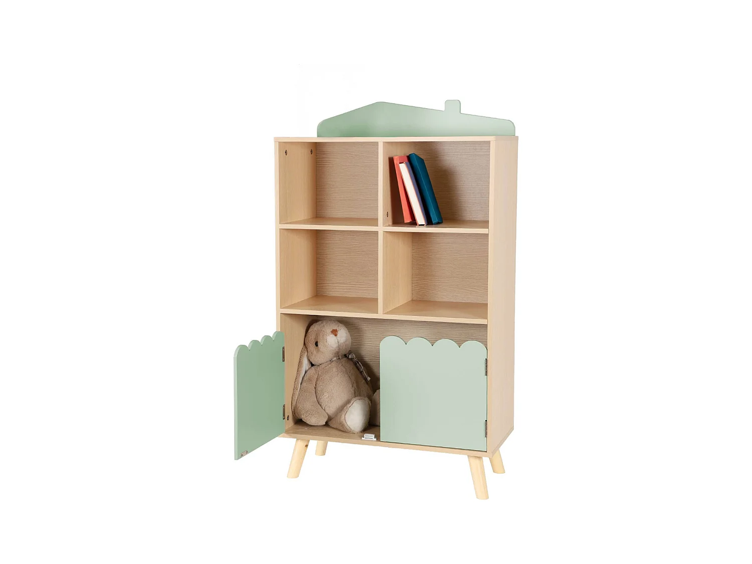 Biblioteca infantil madera de pino 2 puertas 4 estantes verde