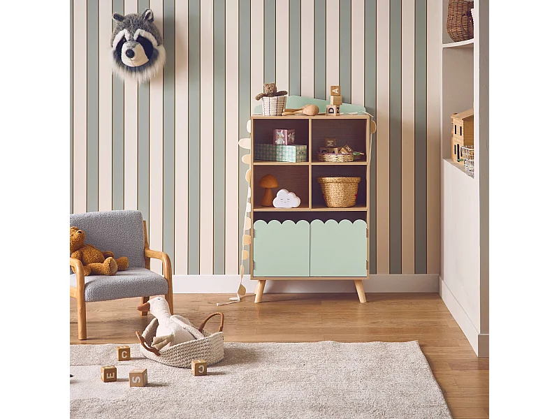 Biblioteca per bambini in legno di pino 2 porte e 4 scaffali, verde