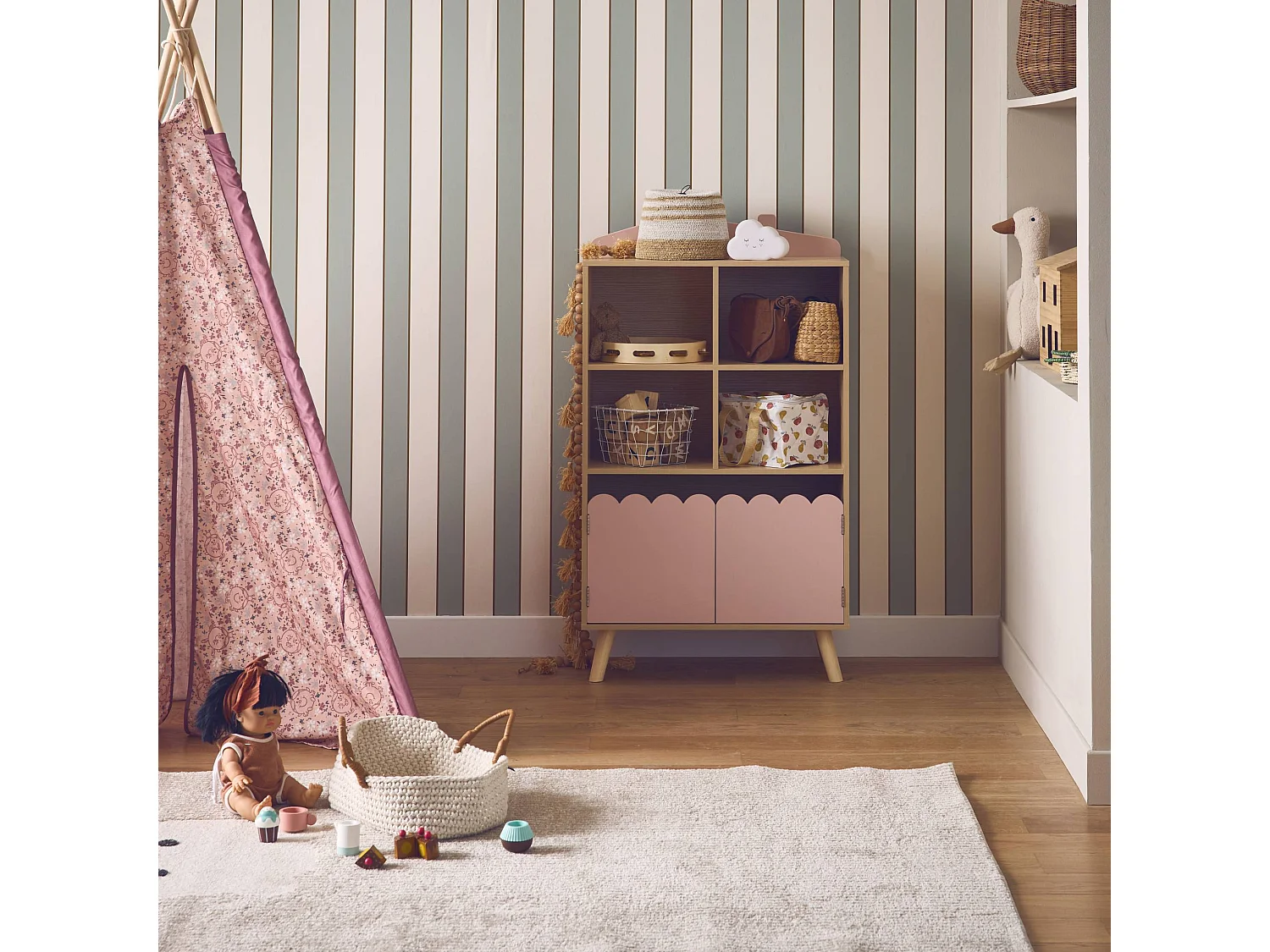 Biblioteca infantil madera de pino 2 puertas 4 estantes rosa