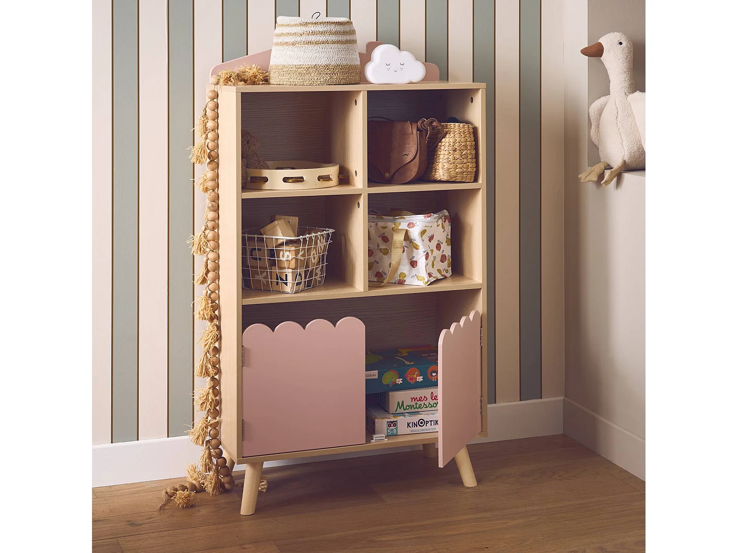 Biblioteca infantil madera de pino 2 puertas 4 estantes rosa