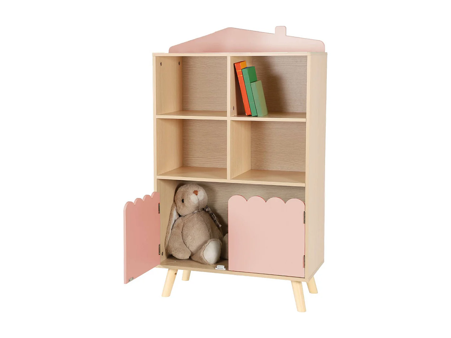 Biblioteca infantil madera de pino 2 puertas 4 estantes rosa