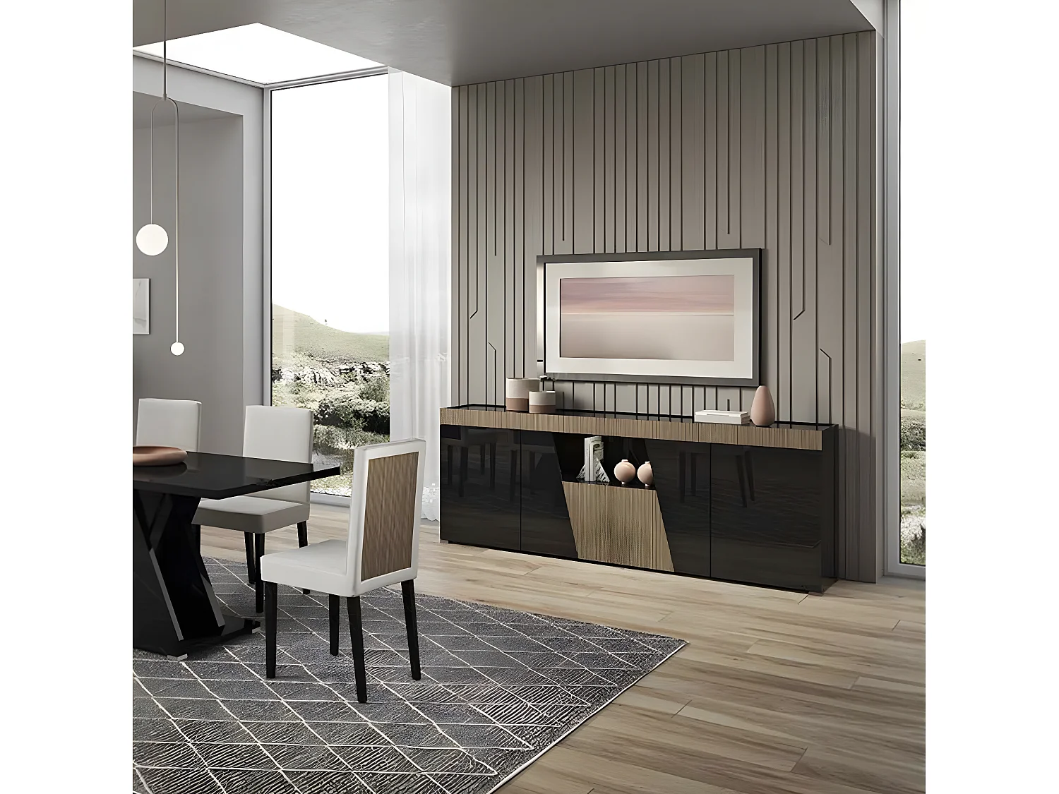 KADALA - Buffet Design 4 Portes Laqué Noir Décor Bois avec Leds