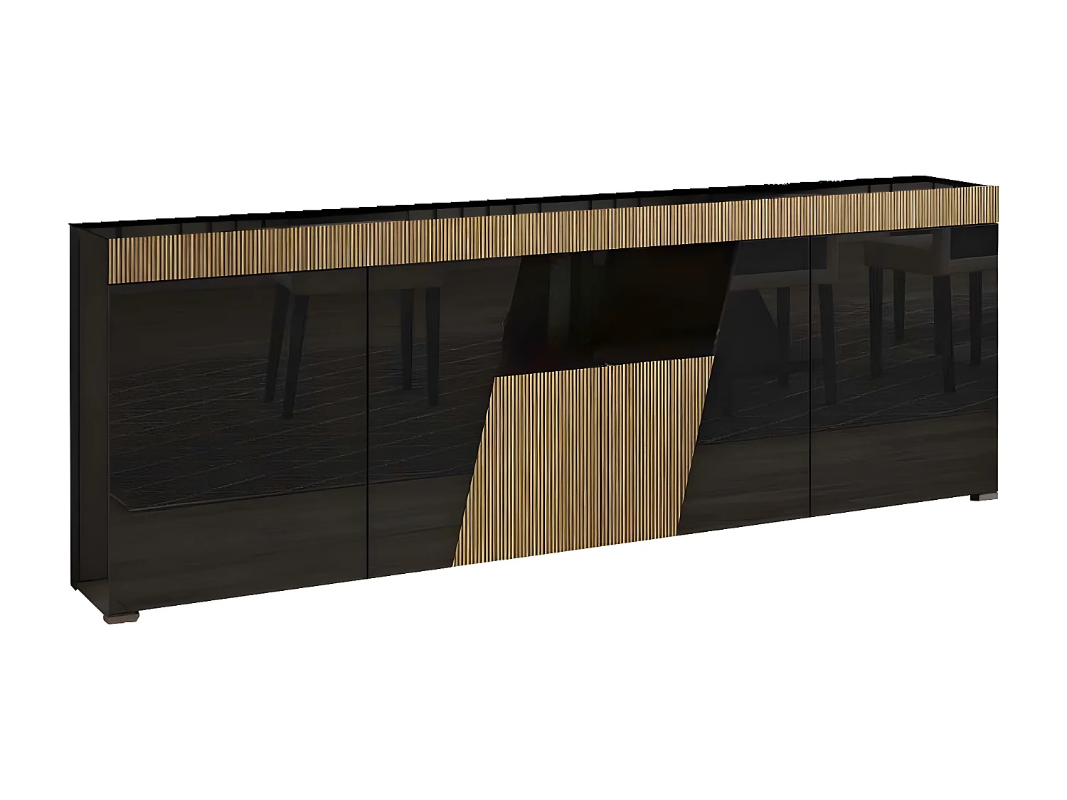 KADALA - Buffet Design 4 Portes Laqué Noir Décor Bois avec Leds