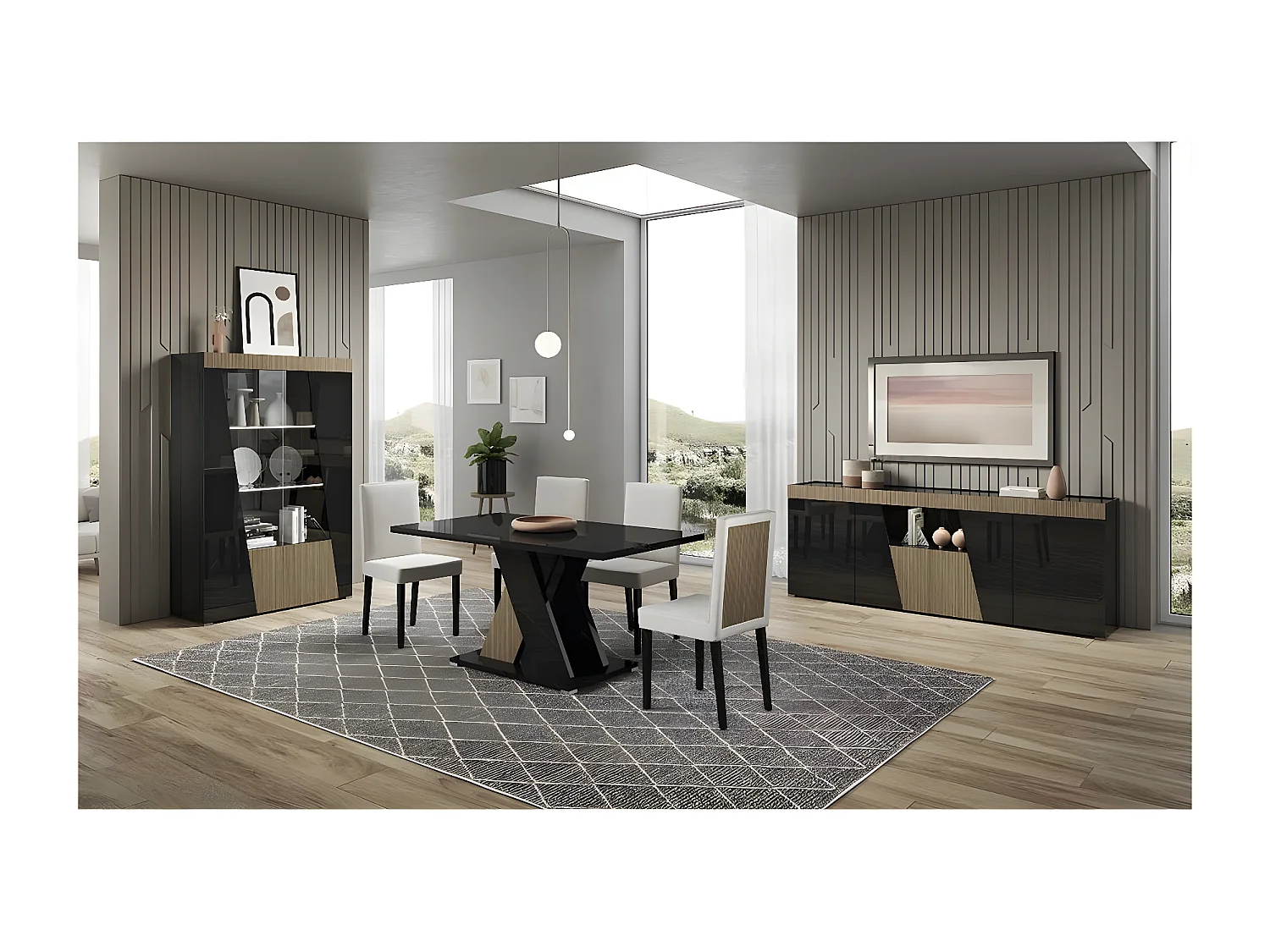 KADALA - Buffet Design 4 Portes Laqué Noir Décor Bois avec Leds