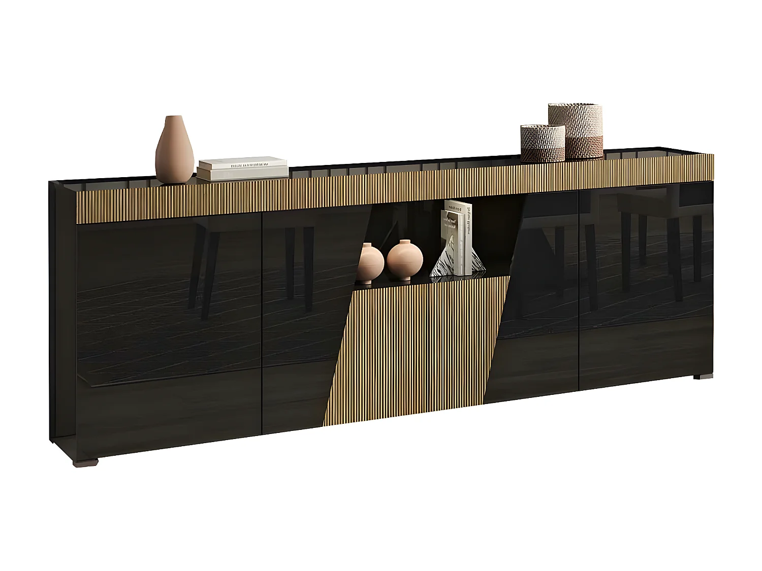 KADALA - Buffet Design 4 Portes Laqué Noir Décor Bois avec Leds