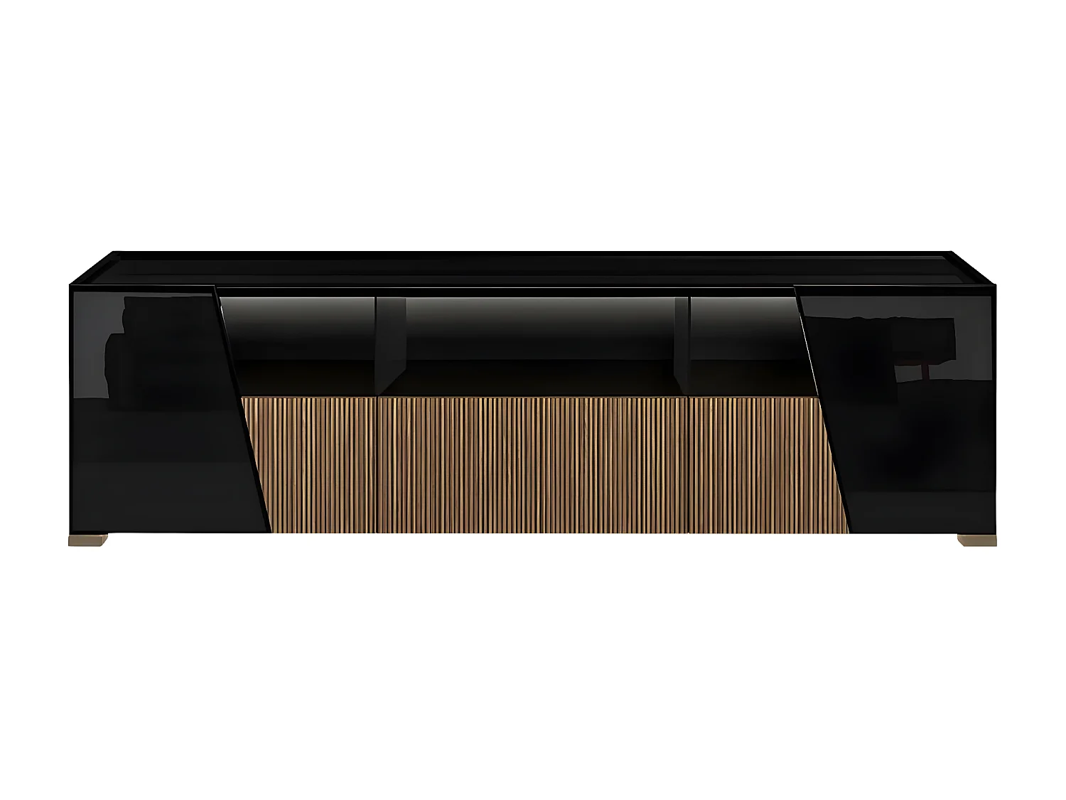 KADALA - Meuble TV Design 158cm Laqué Noir Décor Bois avec Leds