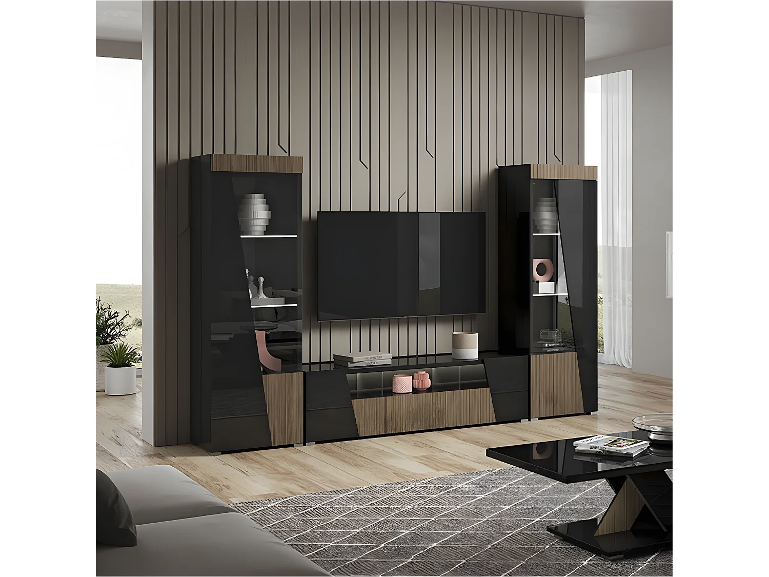 KADALA - Meuble TV Design 158cm Laqué Noir Décor Bois avec Leds