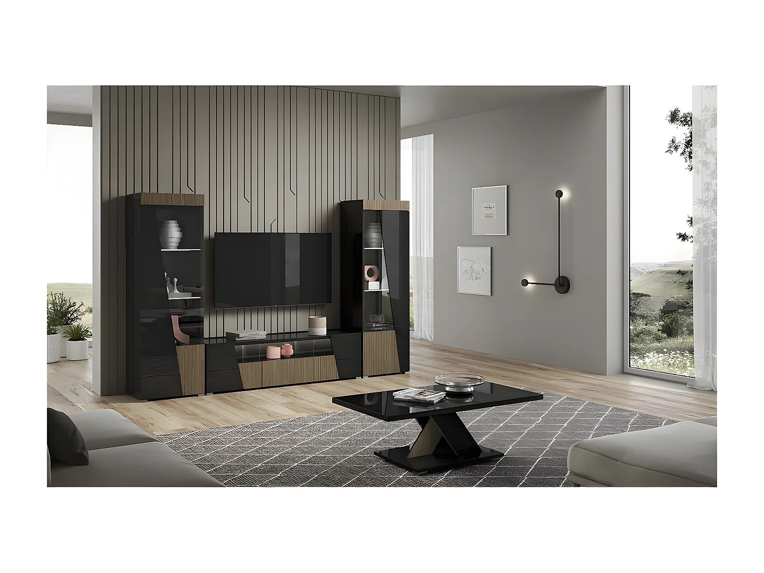 KADALA - Meuble TV Design 158cm Laqué Noir Décor Bois avec Leds