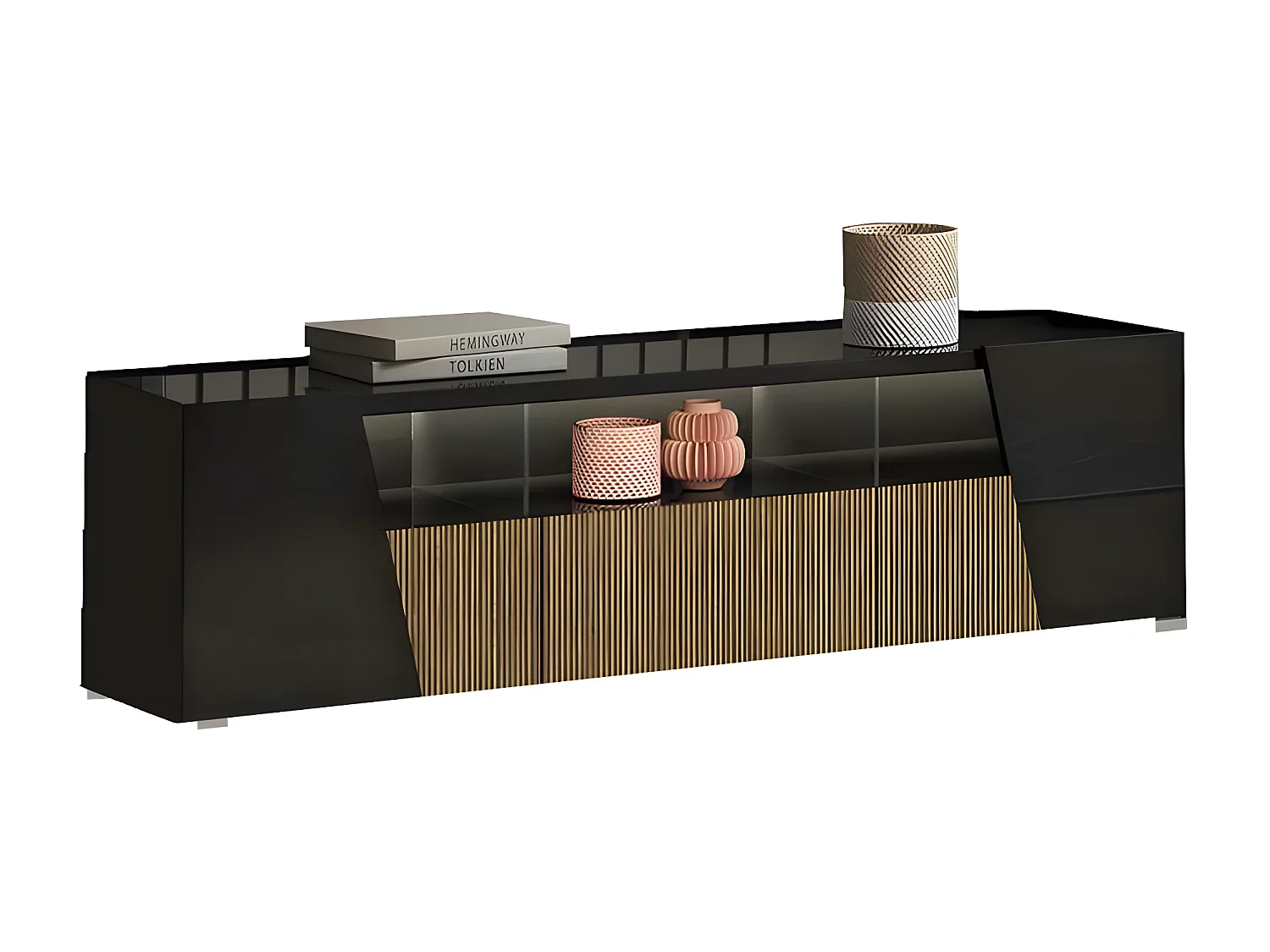 KADALA - Meuble TV Design 158cm Laqué Noir Décor Bois avec Leds