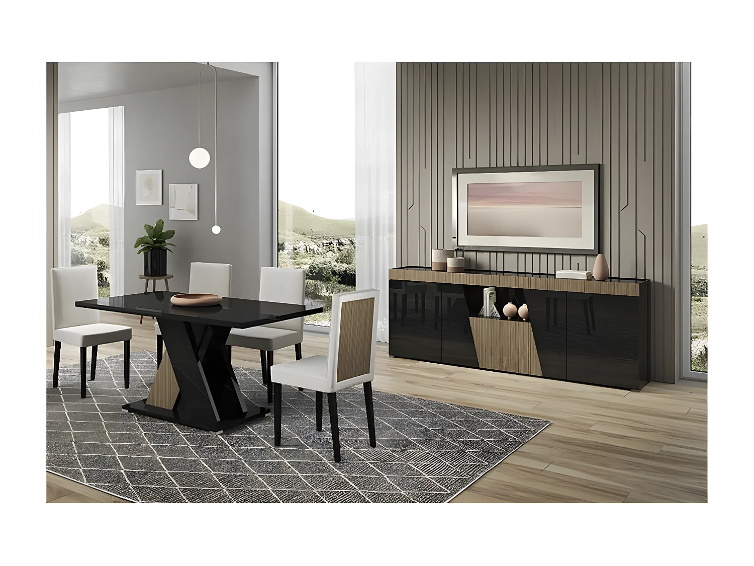 KADALA - Ensemble Séjour Laqué Noir Décor Bois Table 160cm + Buffet avec Leds