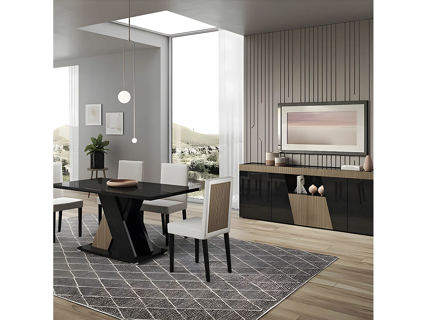 KADALA - Ensemble Séjour Laqué Noir Décor Bois Table 160cm + Buffet avec Leds