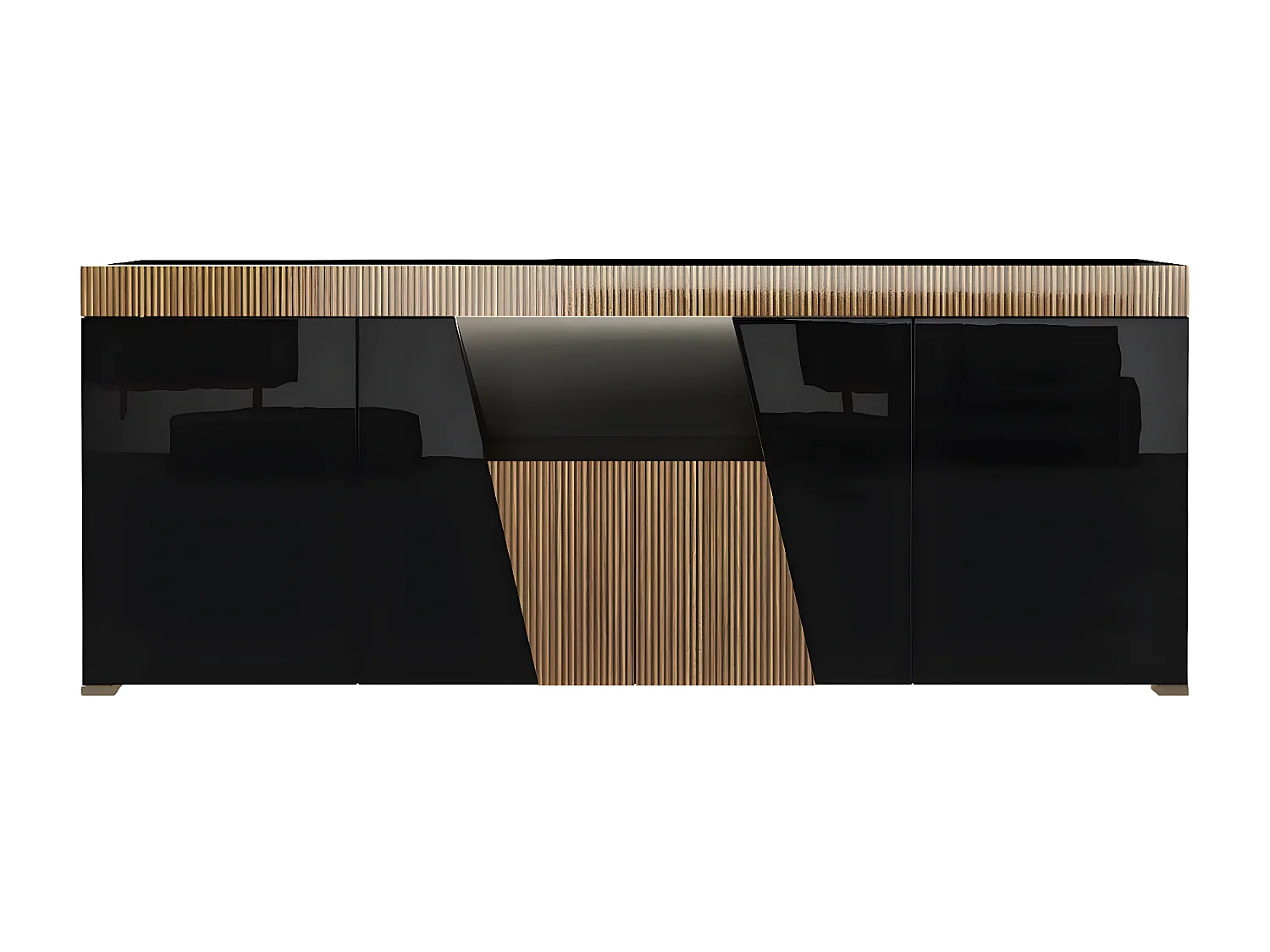 KADALA - Ensemble Séjour Laqué Noir Décor Bois Table 160cm + Buffet avec Leds