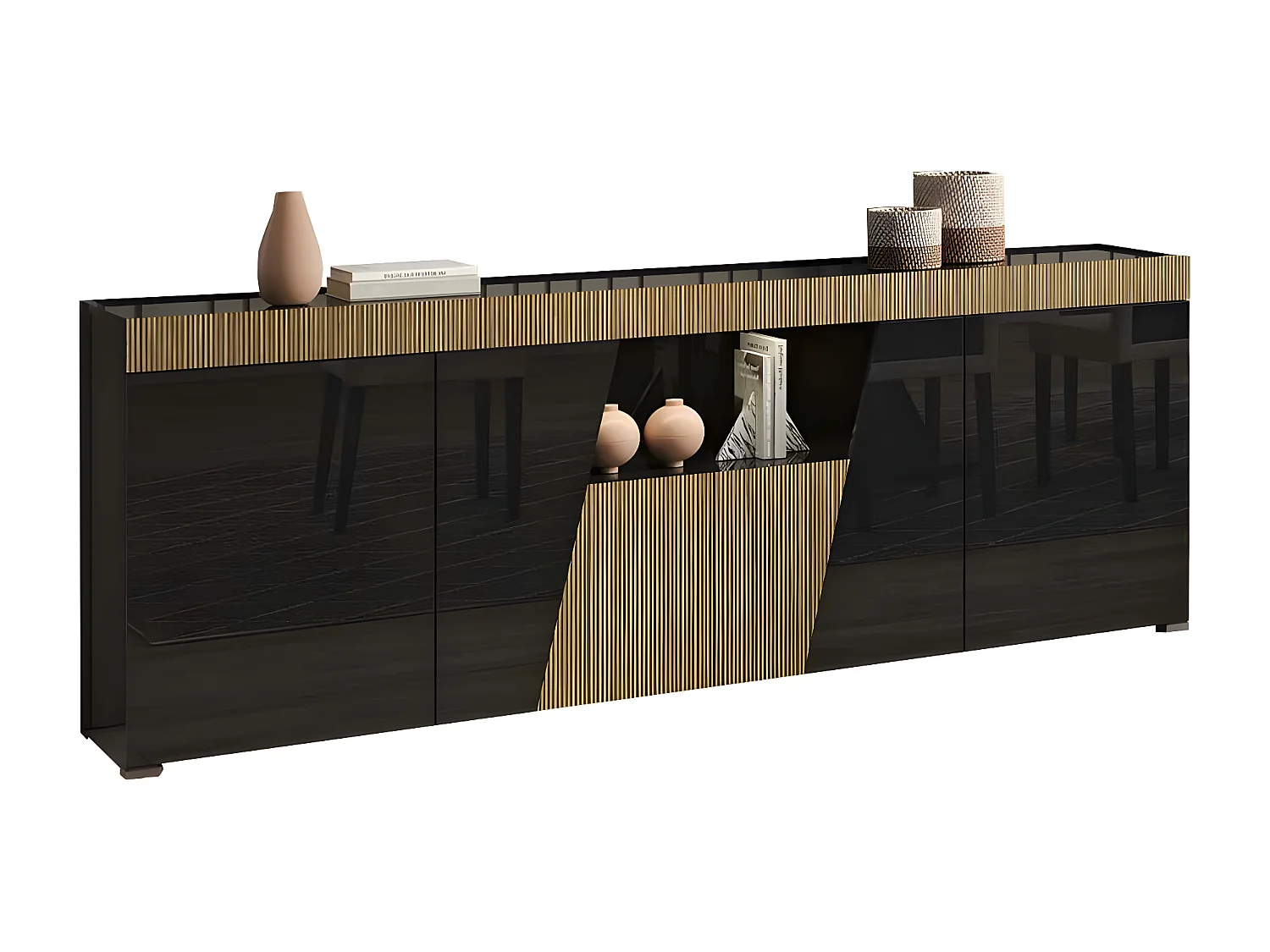 KADALA - Ensemble Séjour Laqué Noir Décor Bois Table 160cm + Buffet avec Leds