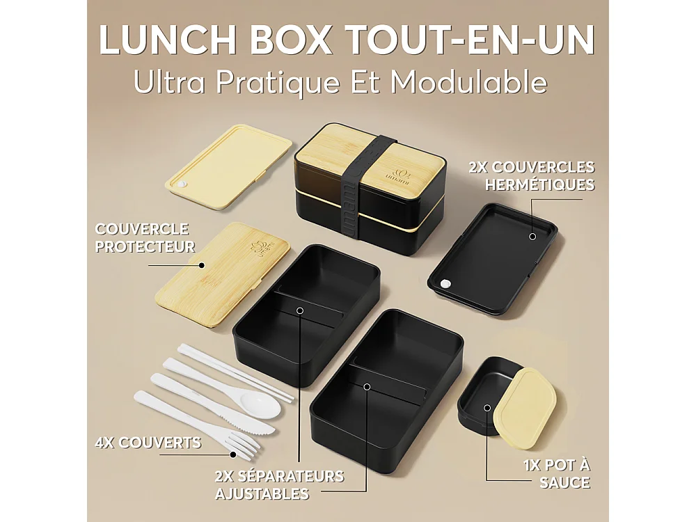 Bento Original 1,2 l noir et décor bambou
