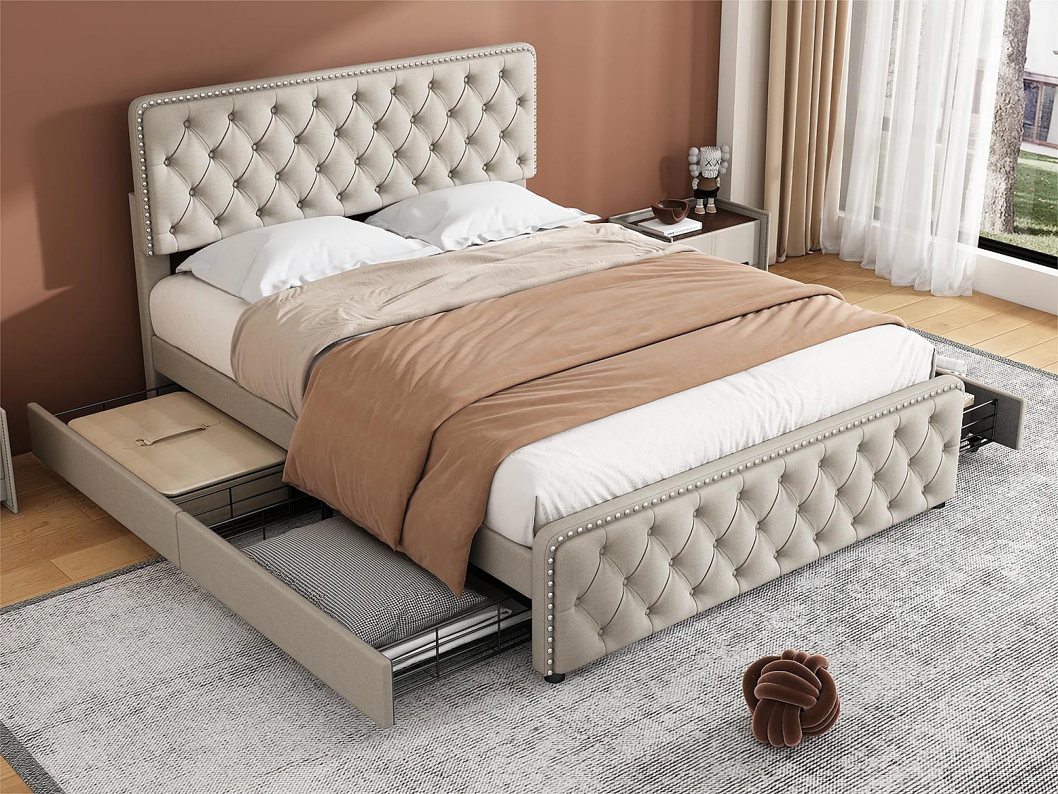 Gestoffeerd volwassenenbed 180x200cm met 4 laden - linnenstof - met verstelbaar hoofdeinde en lattenbodem - Beige