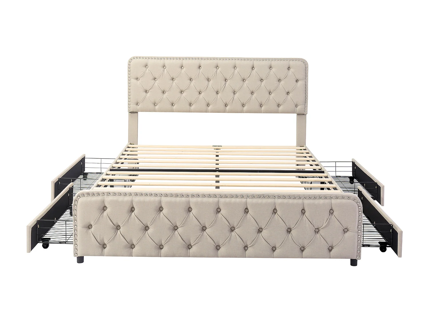 Gestoffeerd volwassenenbed 180x200cm met 4 laden - linnenstof - met verstelbaar hoofdeinde en lattenbodem - Beige