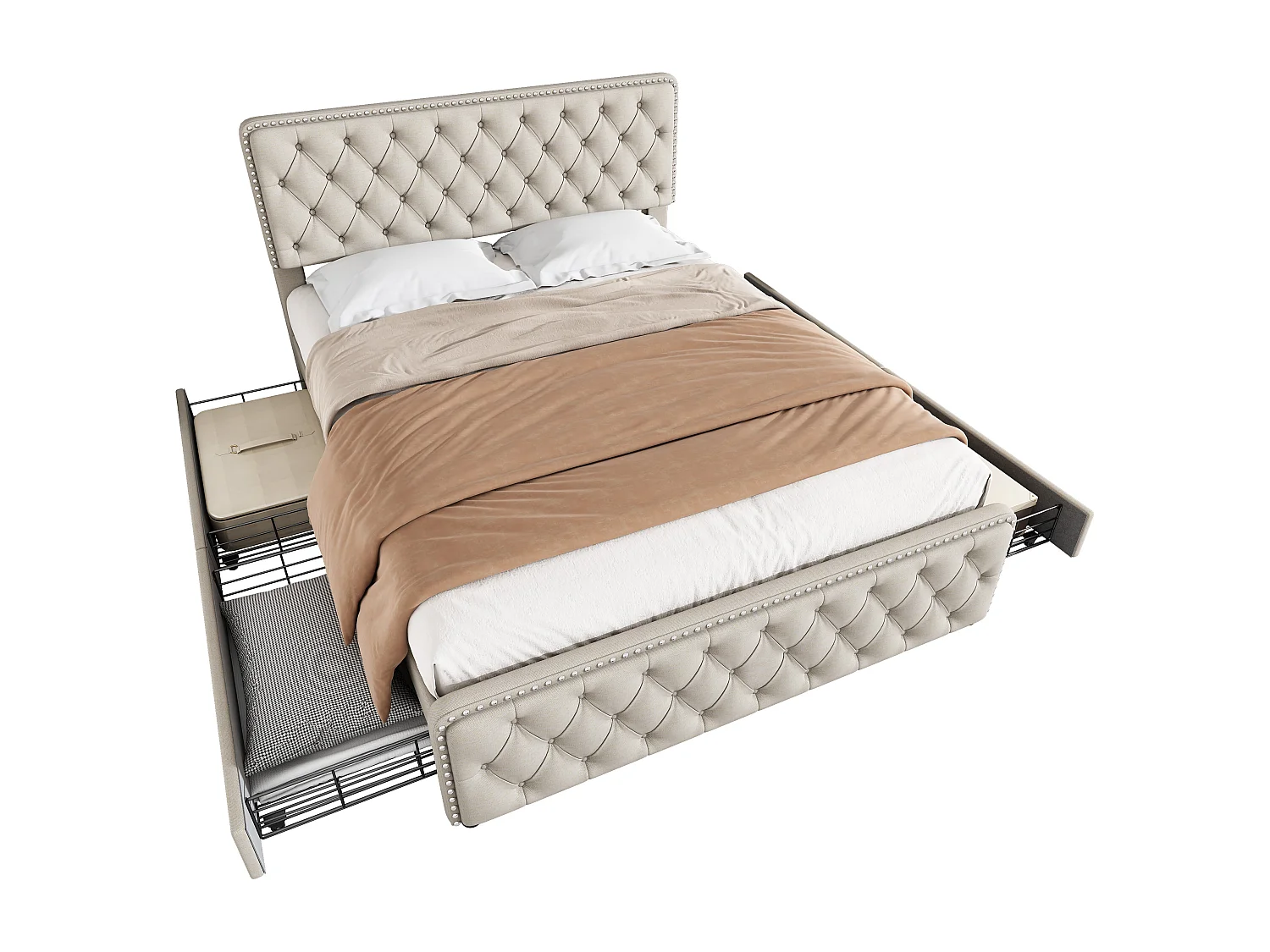 Gestoffeerd volwassenenbed 180x200cm met 4 laden - linnenstof - met verstelbaar hoofdeinde en lattenbodem - Beige