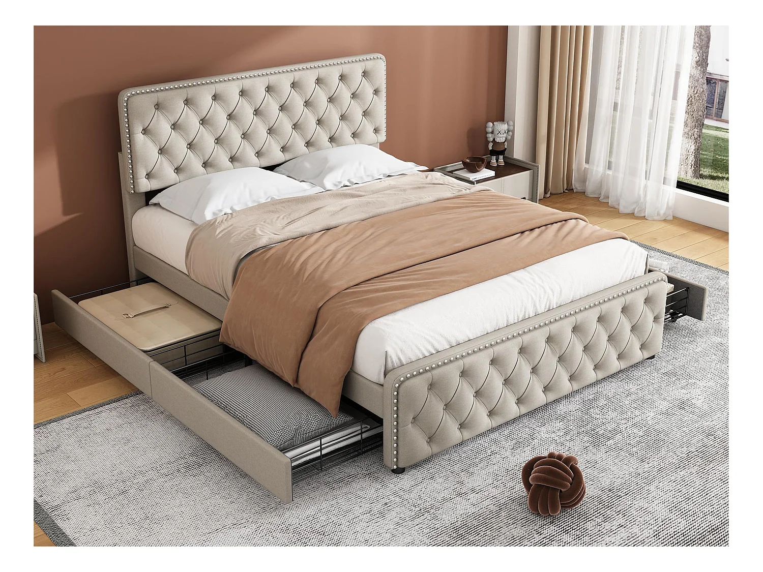 Gestoffeerd volwassenenbed 180x200cm met 4 laden - linnenstof - met verstelbaar hoofdeinde en lattenbodem - Beige