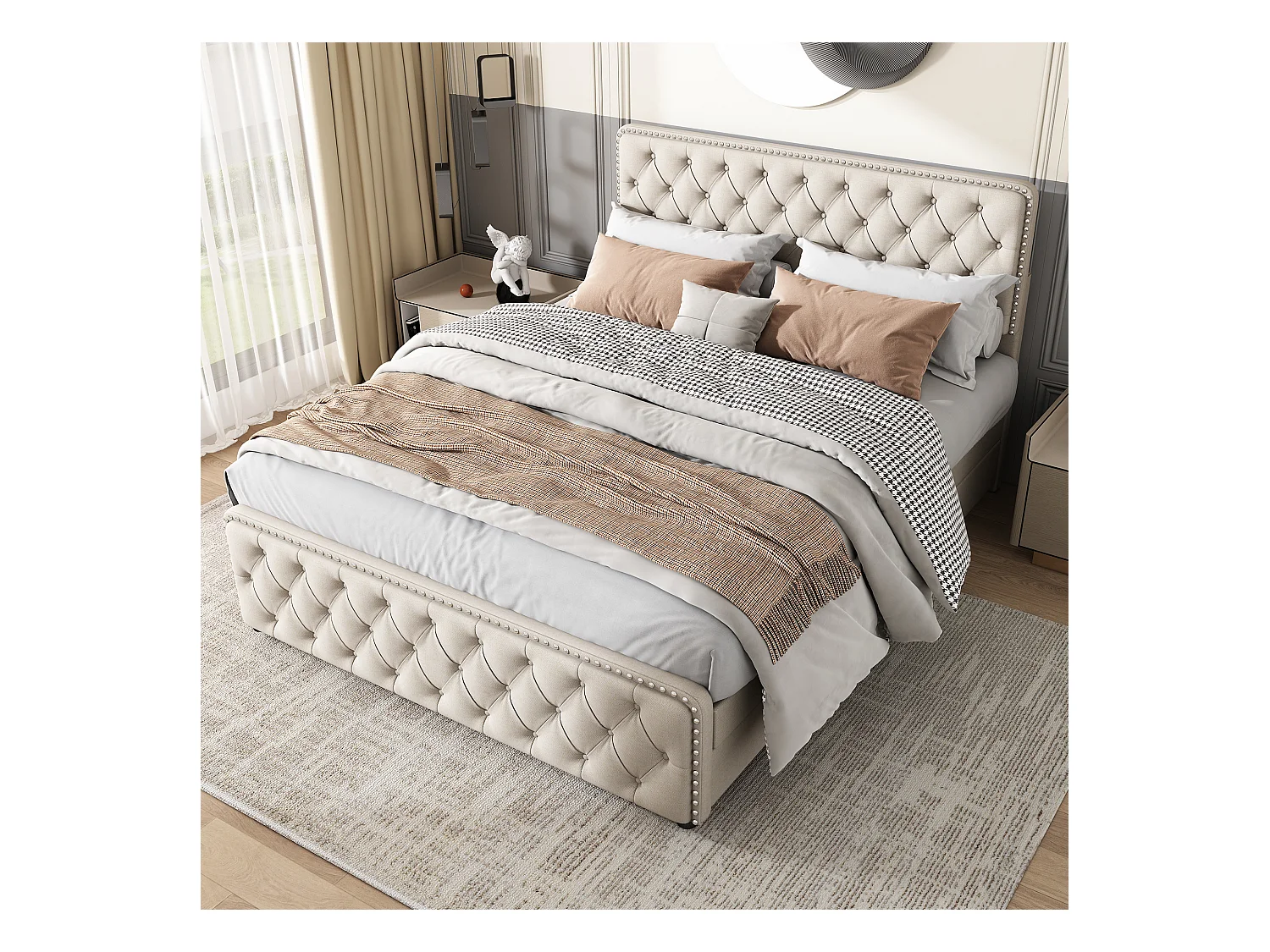 Lit adulte capitonné 180x200cm avec 4 tiroirs - tissu en lin - avec tête de lit réglable et sommier à lattes - Beige