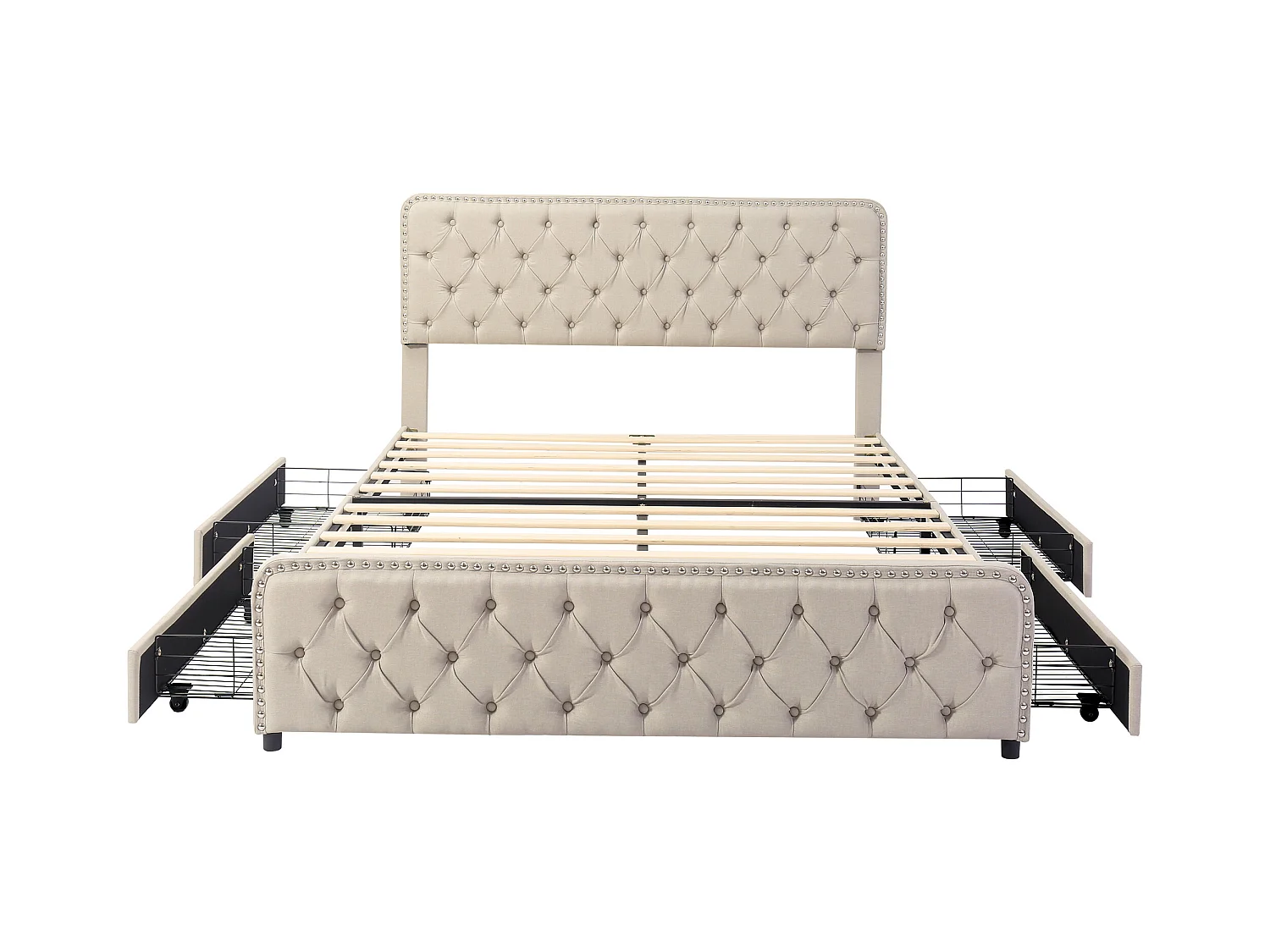 Lit adulte capitonné 180x200cm avec 4 tiroirs - tissu en lin - avec tête de lit réglable et sommier à lattes - Beige