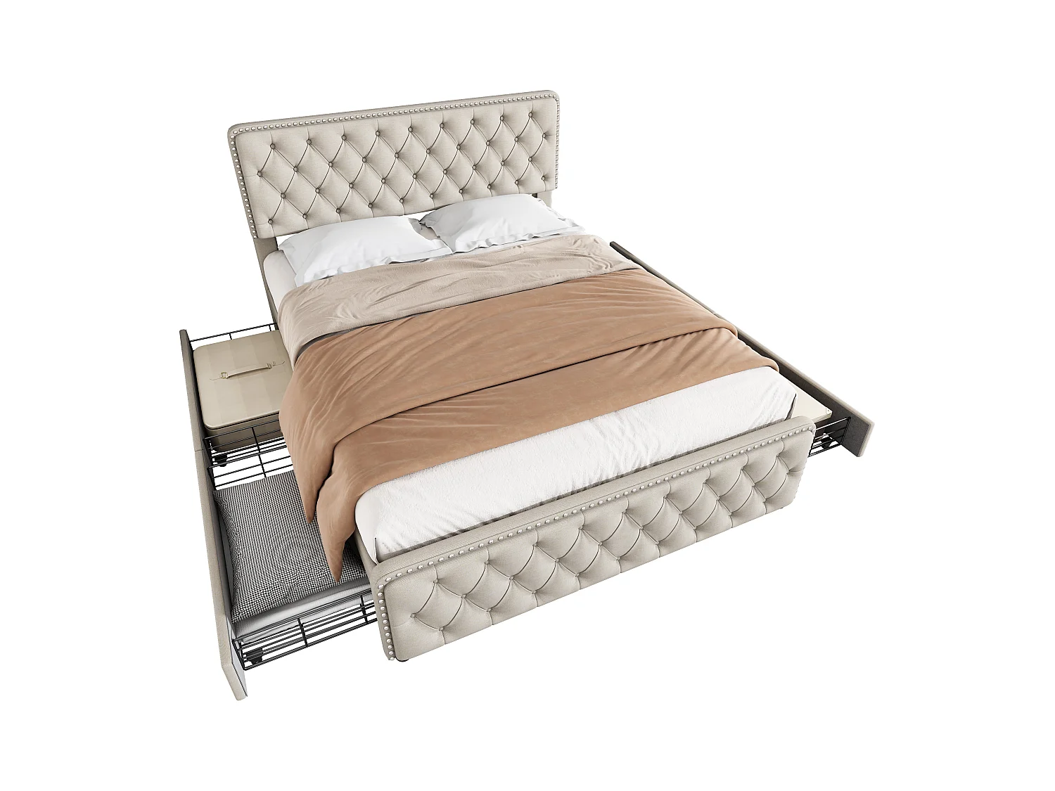 Lit adulte capitonné 180x200cm avec 4 tiroirs - tissu en lin - avec tête de lit réglable et sommier à lattes - Beige