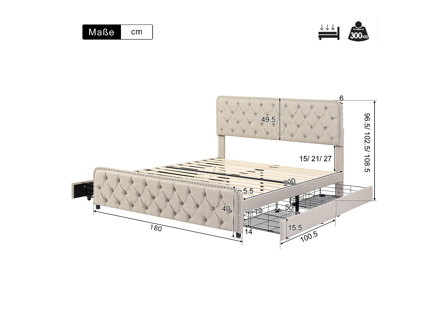 Lit adulte capitonné 180x200cm avec 4 tiroirs - tissu en lin - avec tête de lit réglable et sommier à lattes - Beige