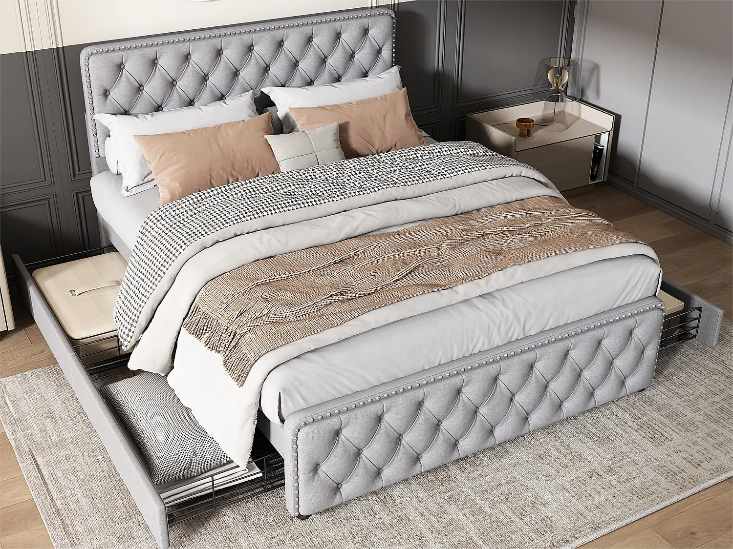 Lit adulte capitonné 180x200cm avec 4 tiroirs - tissu en lin - avec tête de lit réglable et sommier à lattes - Gris