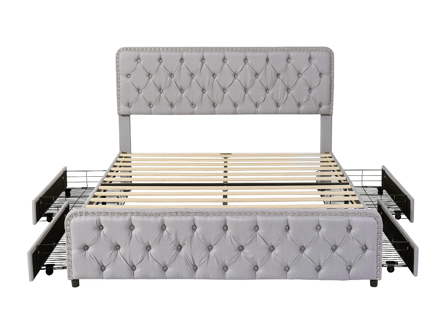 Lit adulte capitonné 180x200cm avec 4 tiroirs - tissu en lin - avec tête de lit réglable et sommier à lattes - Gris