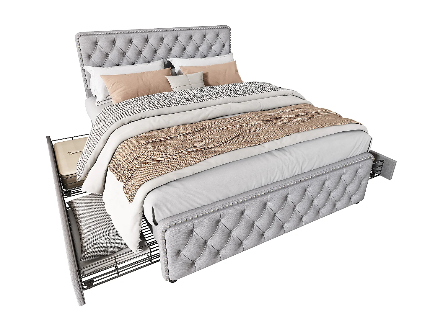 Lit adulte capitonné 180x200cm avec 4 tiroirs - tissu en lin - avec tête de lit réglable et sommier à lattes - Gris