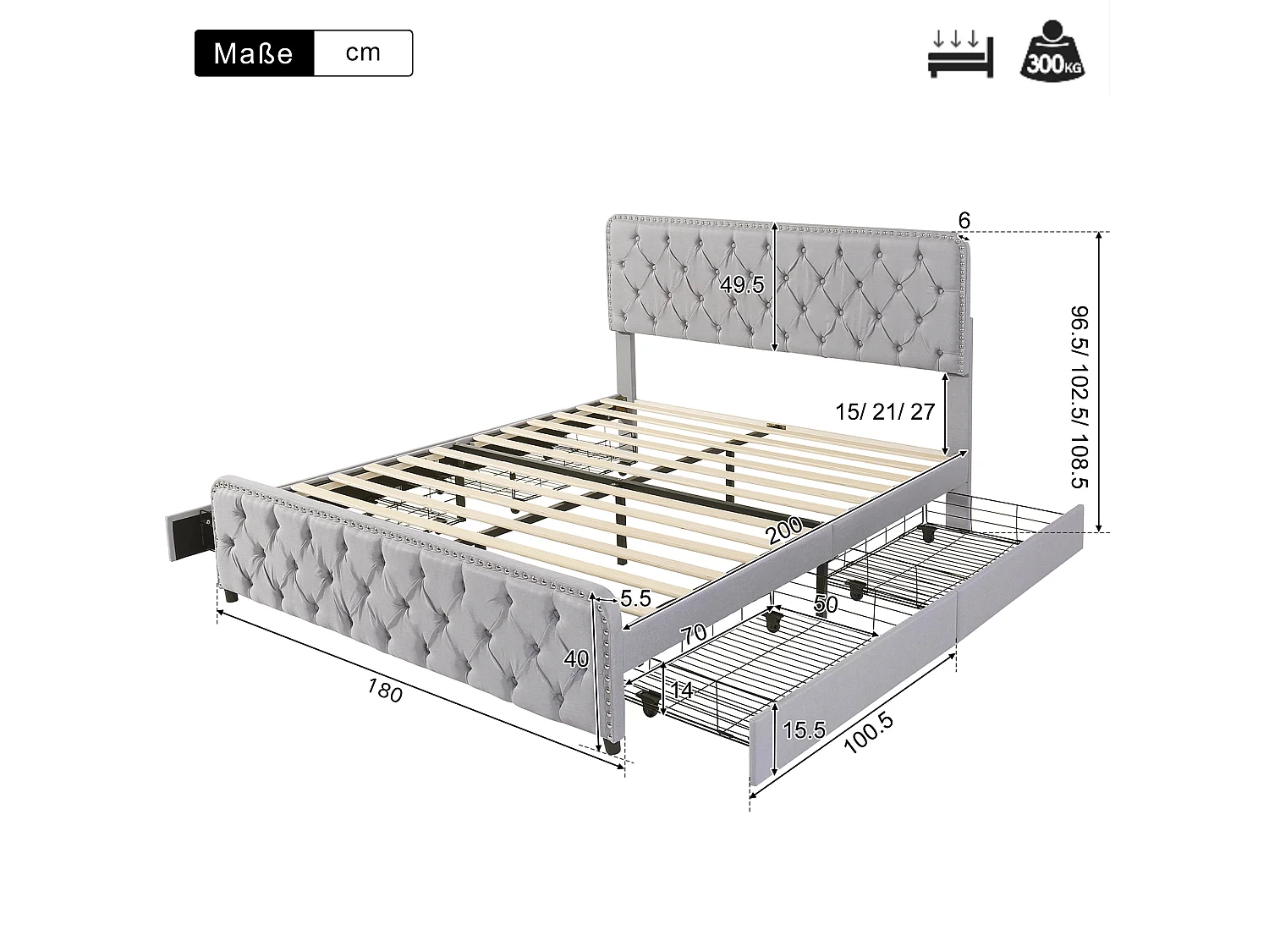 Lit adulte capitonné 180x200cm avec 4 tiroirs - tissu en lin - avec tête de lit réglable et sommier à lattes - Gris