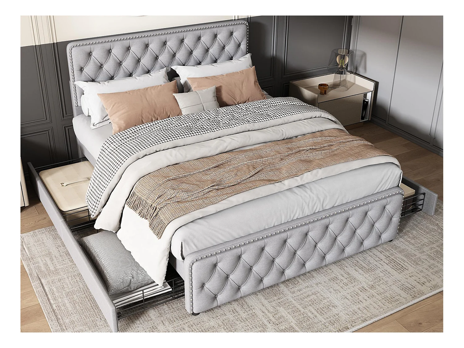 Gestoffeerd volwassenenbed 180x200cm met 4 lades - linnenstof - met verstelbaar hoofdeinde en lattenbodem - Grijs