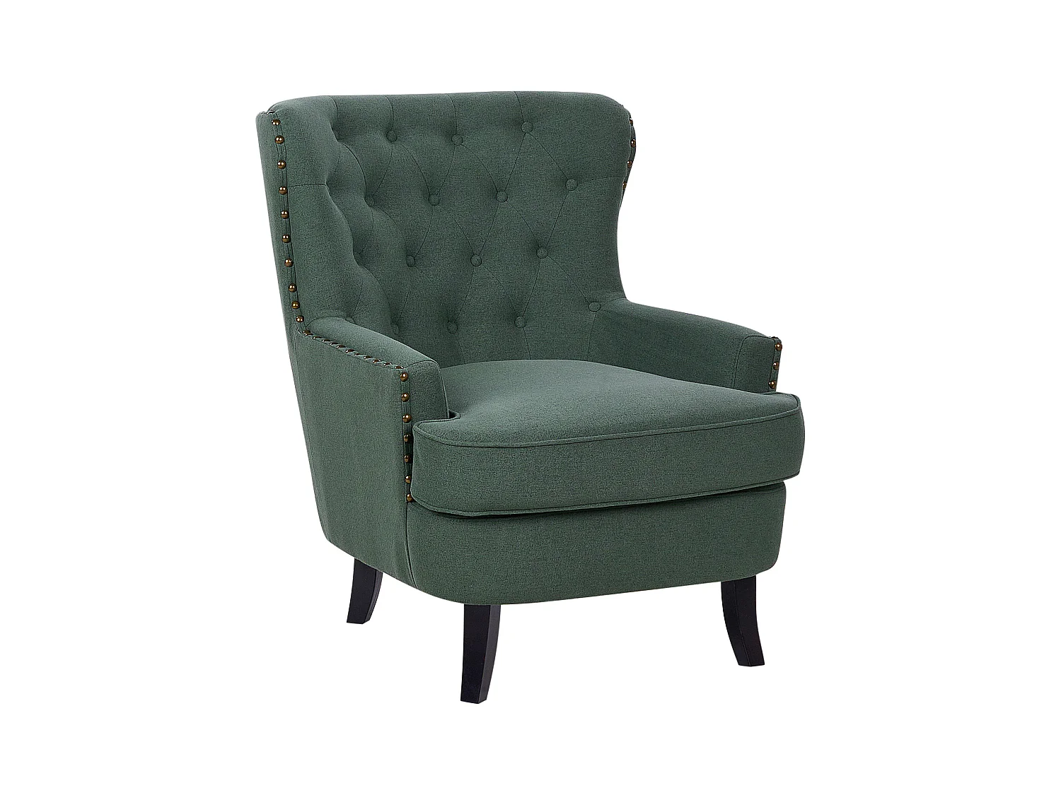 Retro Sessel Stoffbezug grün mit Nieten Knopfheftung Chesterfield-Stil Viborg II