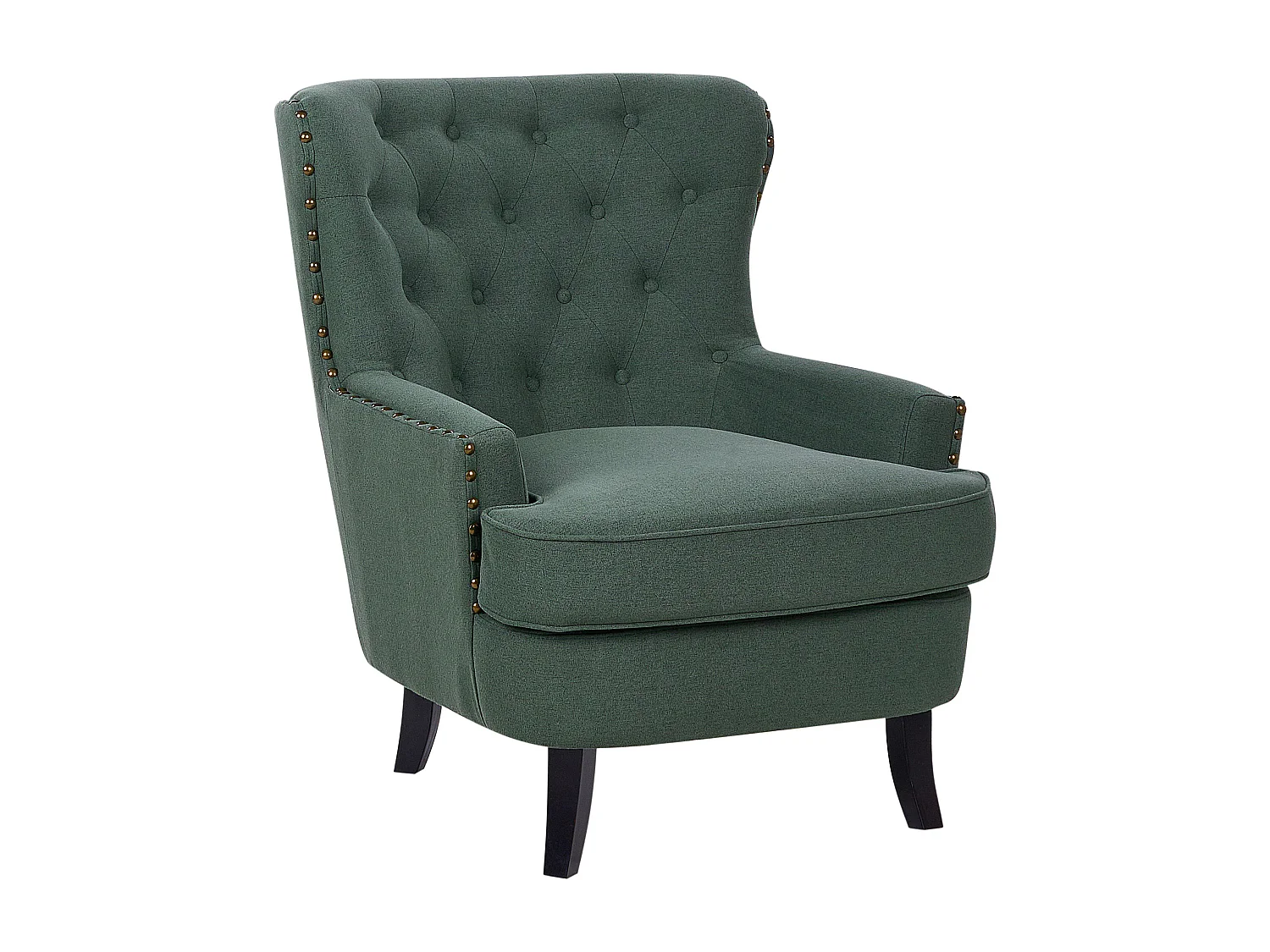 Retro Sessel Stoffbezug grün mit Nieten Knopfheftung Chesterfield-Stil Viborg II