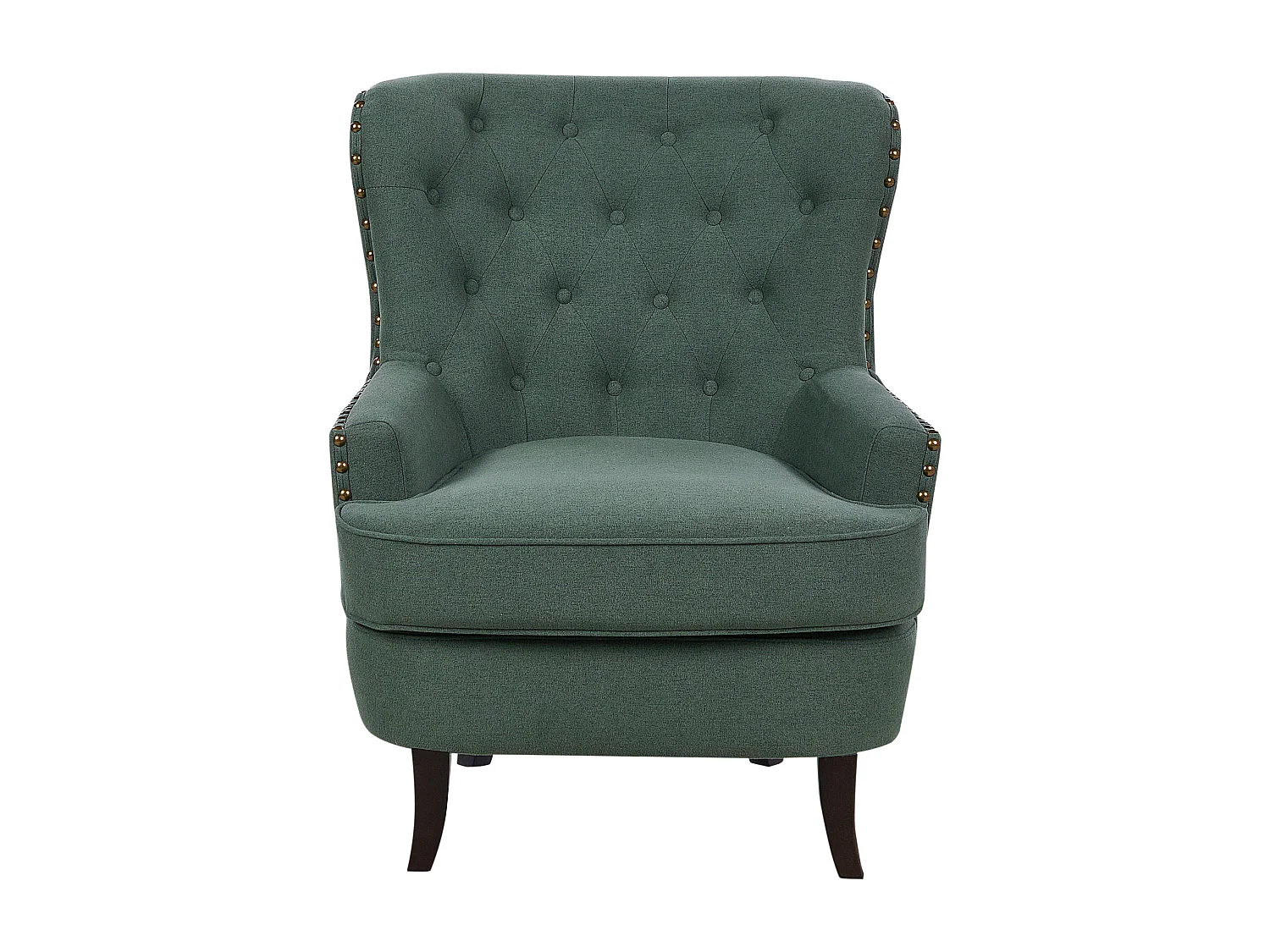Retro Sessel Stoffbezug grün mit Nieten Knopfheftung Chesterfield-Stil Viborg II