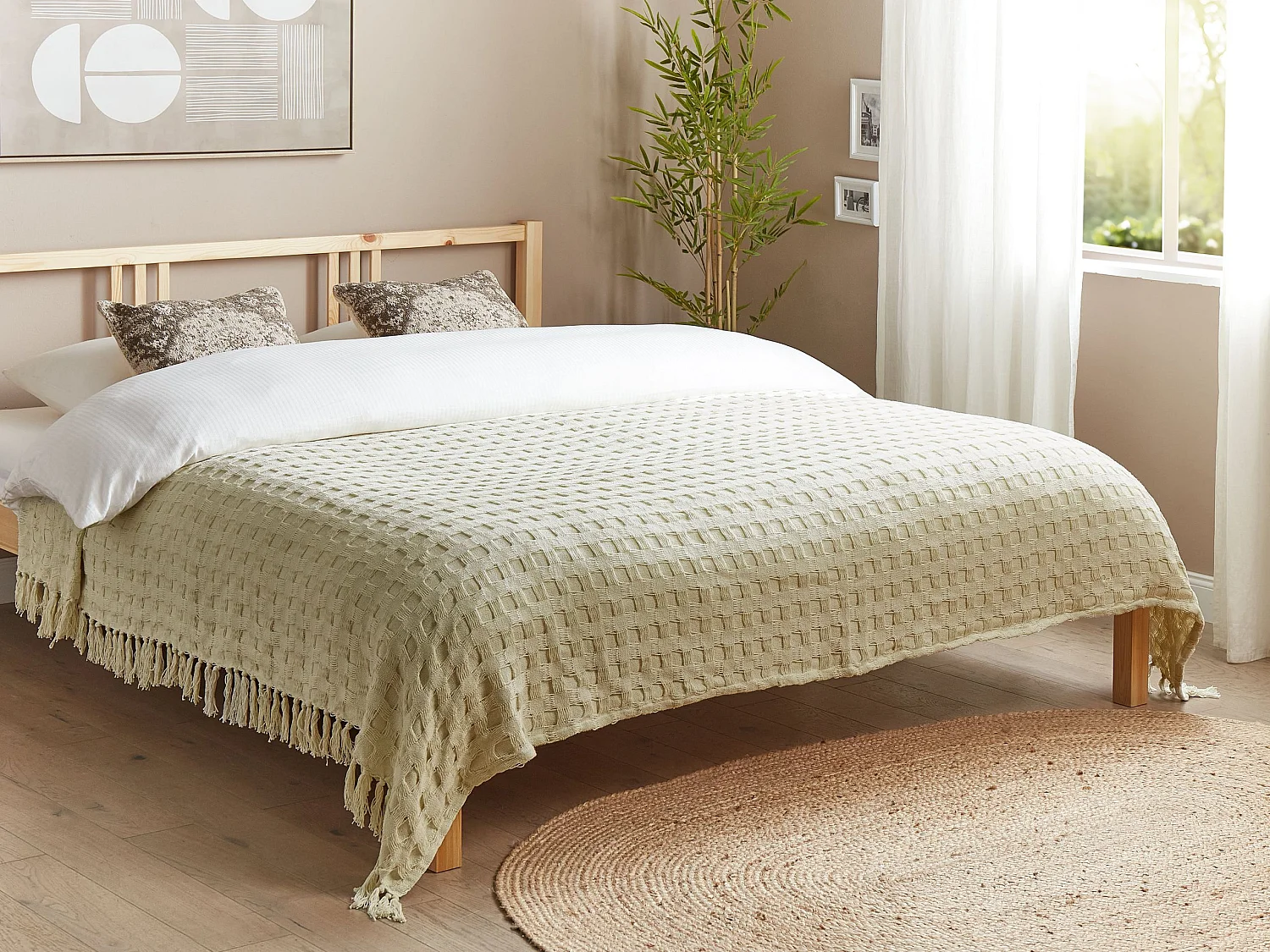 Tagesdecke Baumwolle creme weiß 200x220 cm strukturiert mit Fransen modern Bere