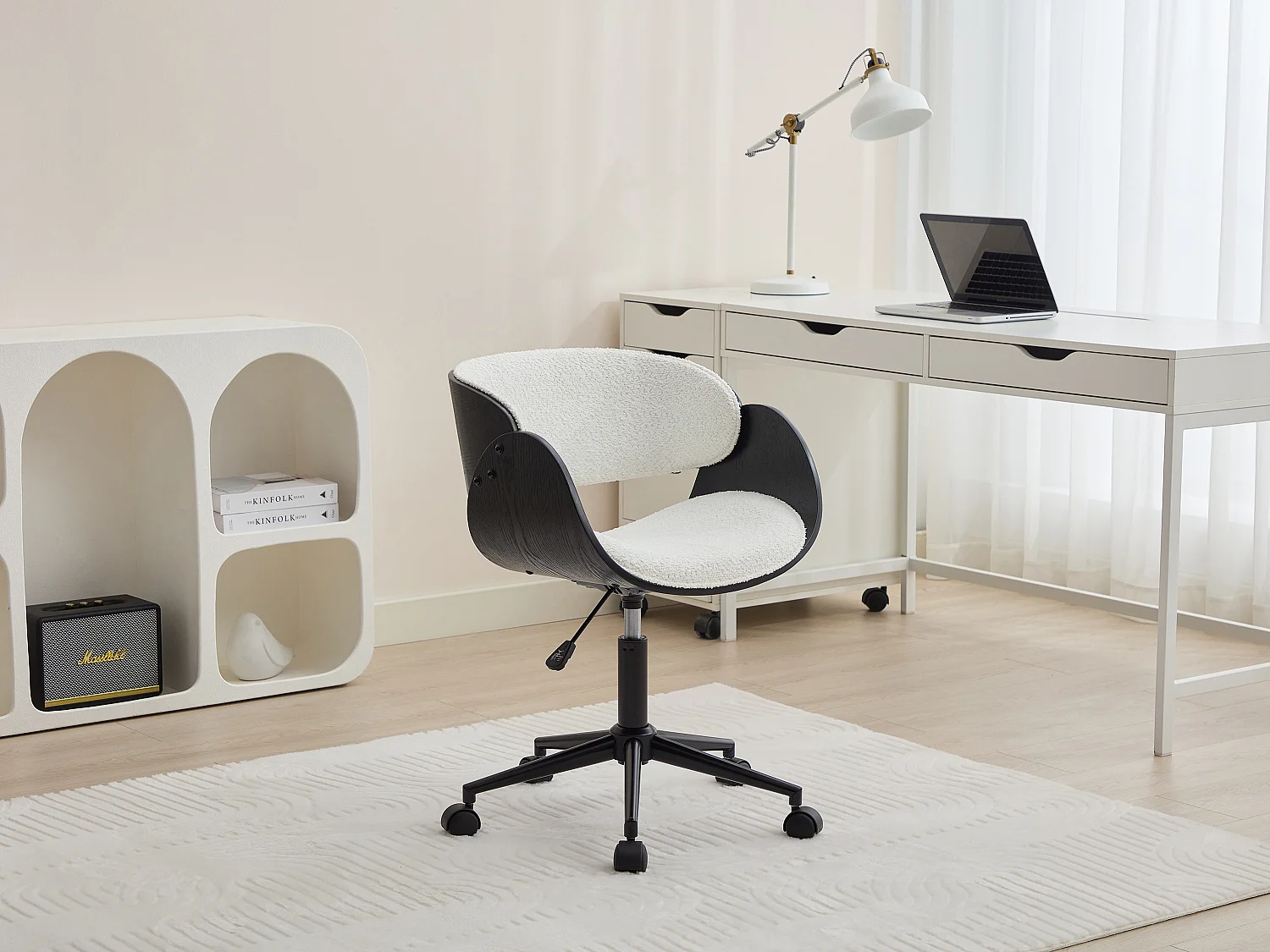Chaise de bureau - Tissu bouclette et métal - Blanc et noir - Hauteur ajustable - JELSA