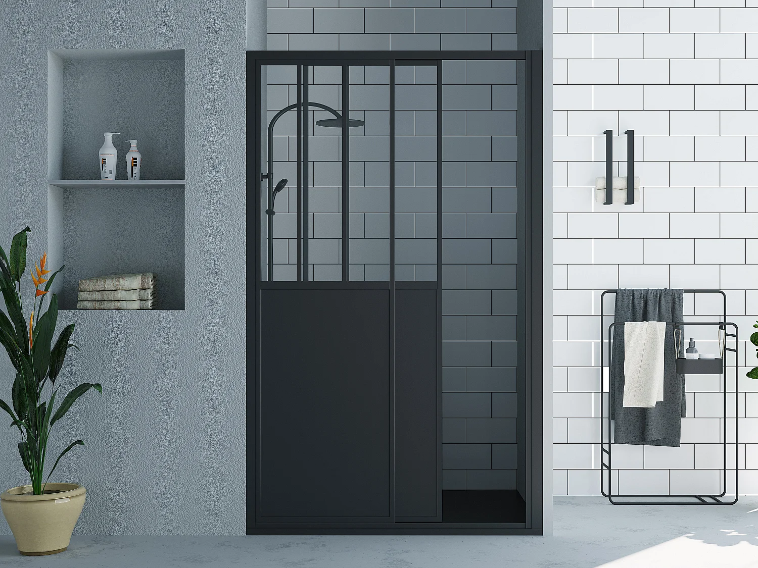 Porte de douche coulissante noir mat style atelier - 140 x 195 cm - URBANIK